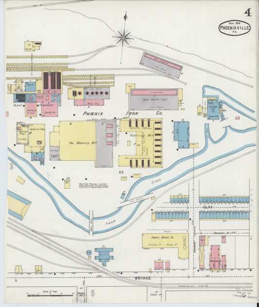 Sanborn Fire Insurance Map from Phoenixville, Chester County, Pennsylvania (1894), Sheet #0004 - Historic Sanborn Fire Insurance Map Print, vintage old map wall art, antique decor, genealogy gift, Pennsylvania Pennsylvania map