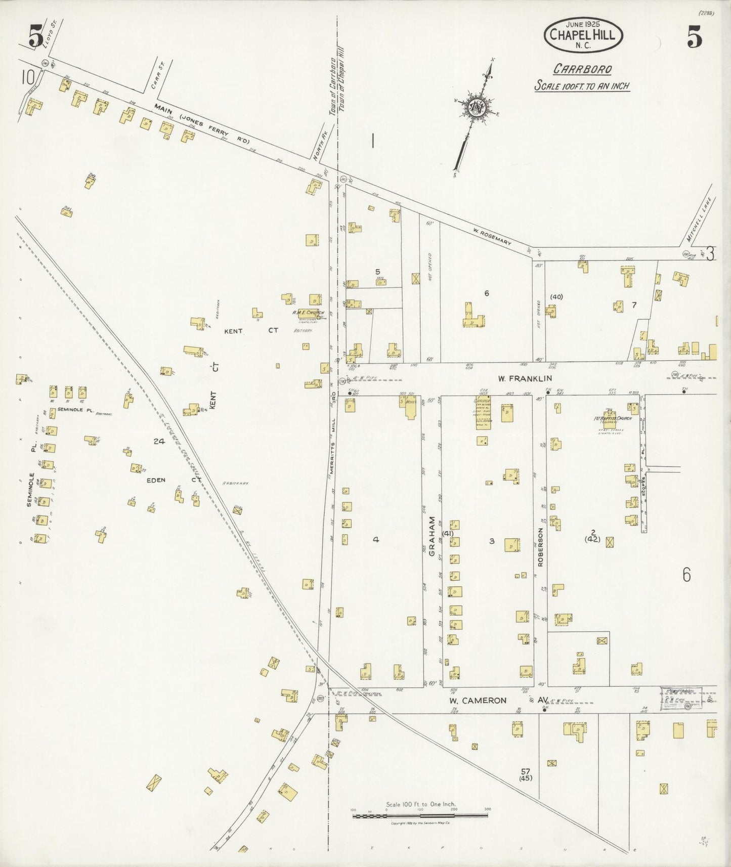 Sanborn Fire Insurance Map from Chapel Hill, Orange County, North Carolina (1925), Sheet #0005 - Complete Map Set gallery image, historic Sanborn map, vintage wall art, North Carolina North Carolina