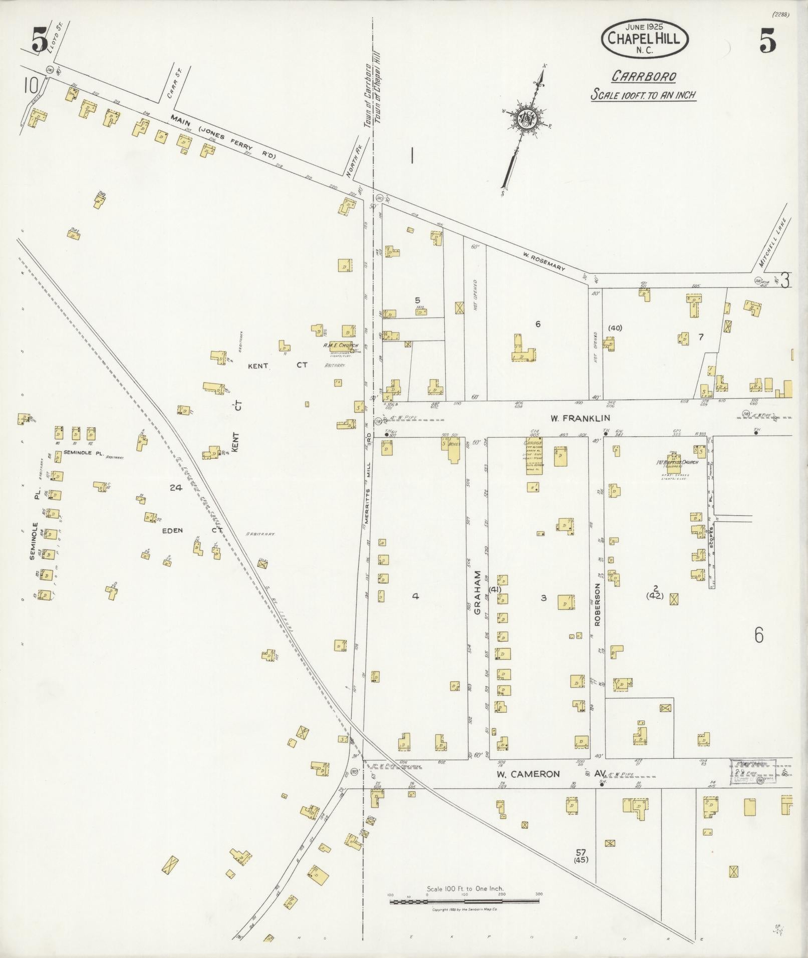 Sanborn Fire Insurance Map from Chapel Hill, Orange County, North Carolina (1925), Sheet #0005 - Complete Map Set gallery image, historic Sanborn map, vintage wall art, North Carolina North Carolina