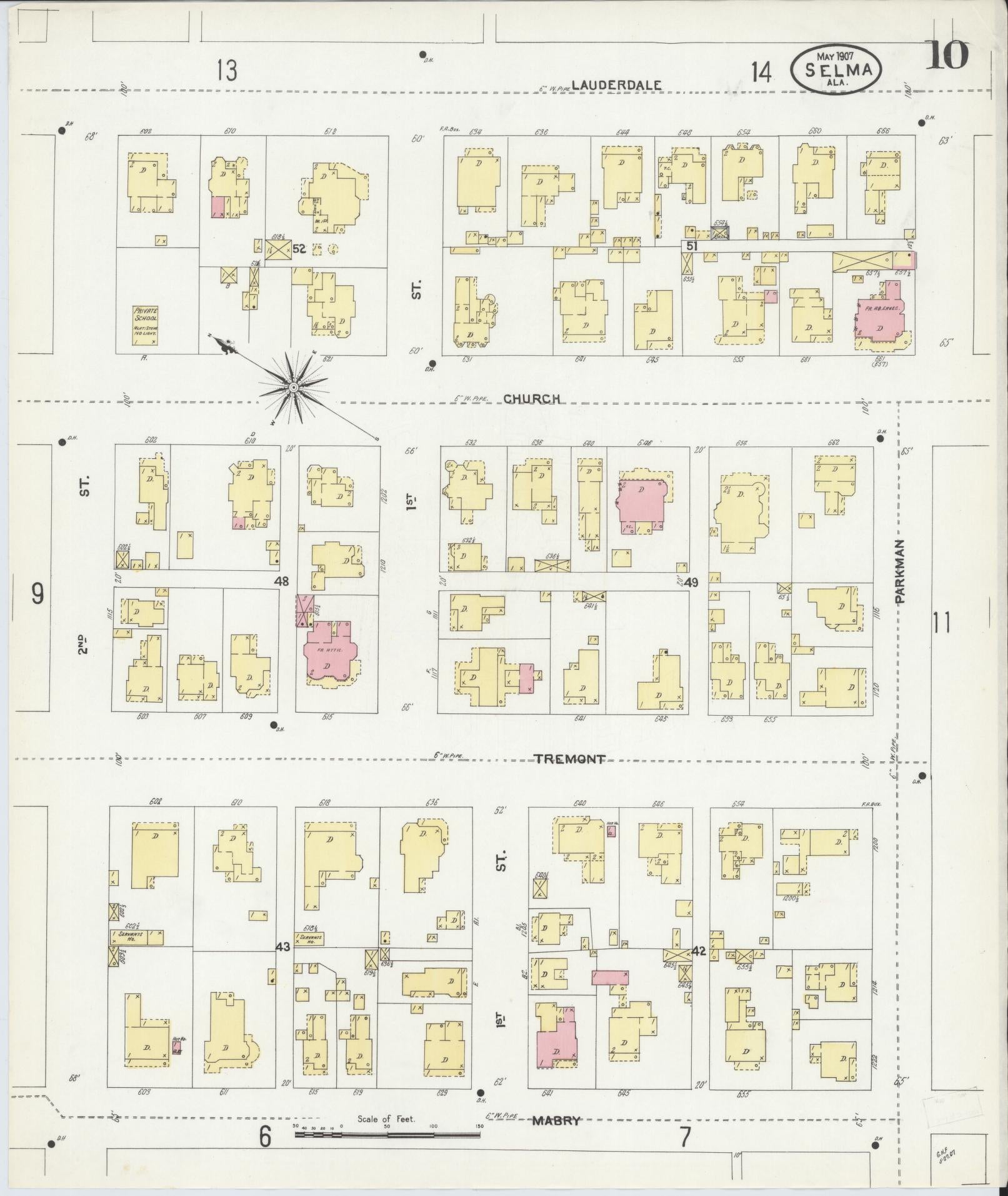 Sanborn Fire Insurance Map from Selma, Dallas County, Alabama (1907), Sheet #0010 - Complete Map Set gallery image, historic Sanborn map, vintage wall art, Alabama Alabama