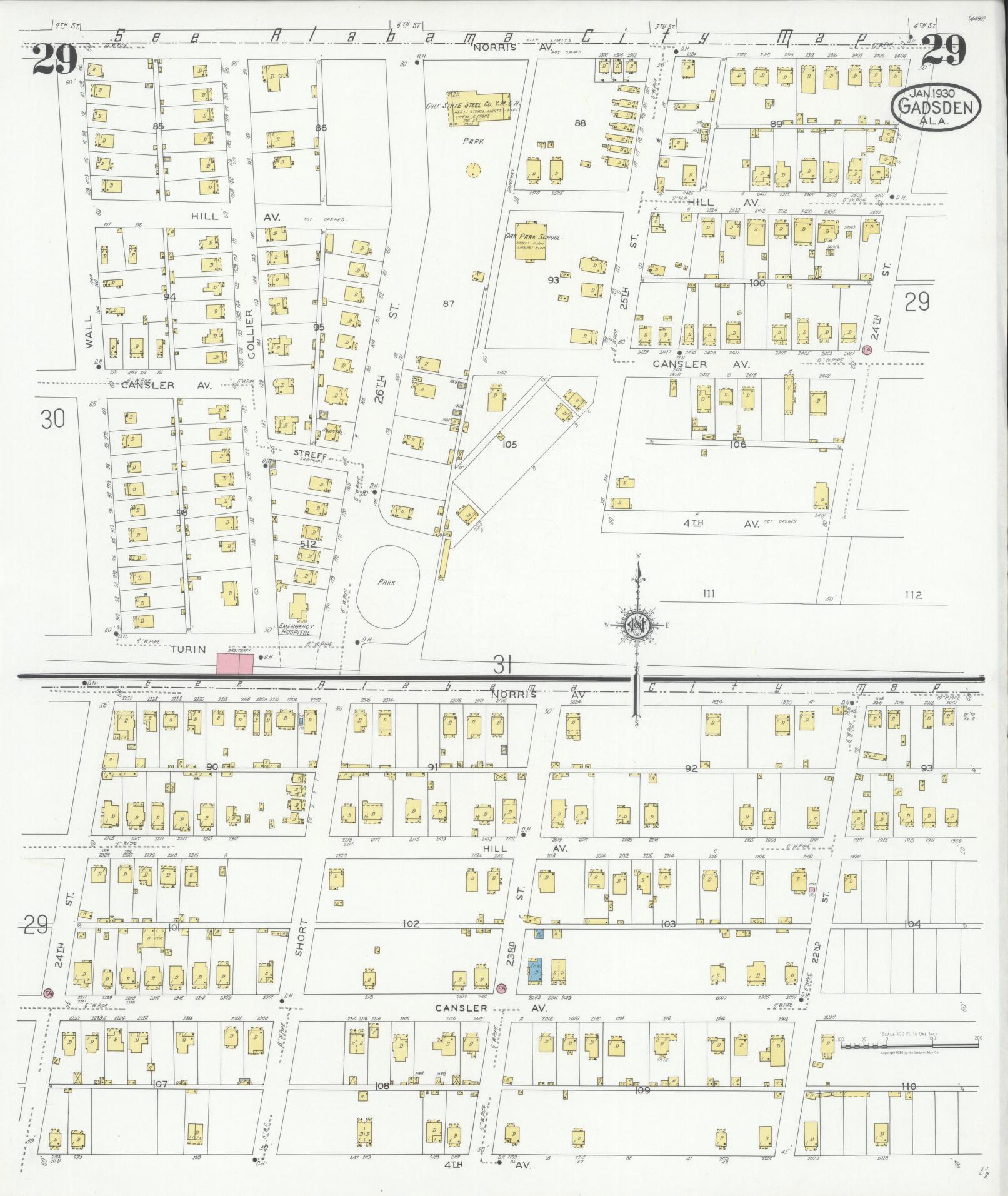 Sanborn Fire Insurance Map from Gadsden, Etowah County, Alabama (1930), Sheet #0029 - Complete Map Set gallery image, historic Sanborn map, vintage wall art, Alabama Alabama