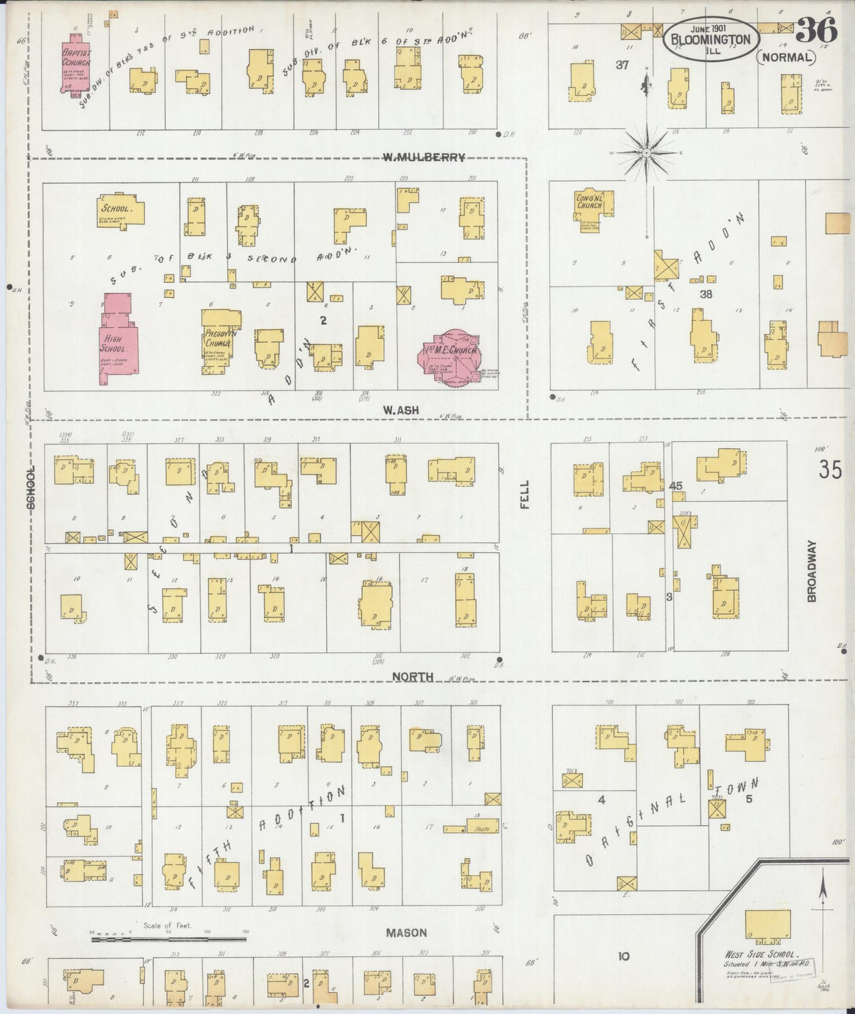 Sanborn Fire Insurance Map from Bloomington, McLean County, Illinois (1901), Sheet #0036 - Complete Map Set gallery image, historic Sanborn map, vintage wall art, Illinois Illinois