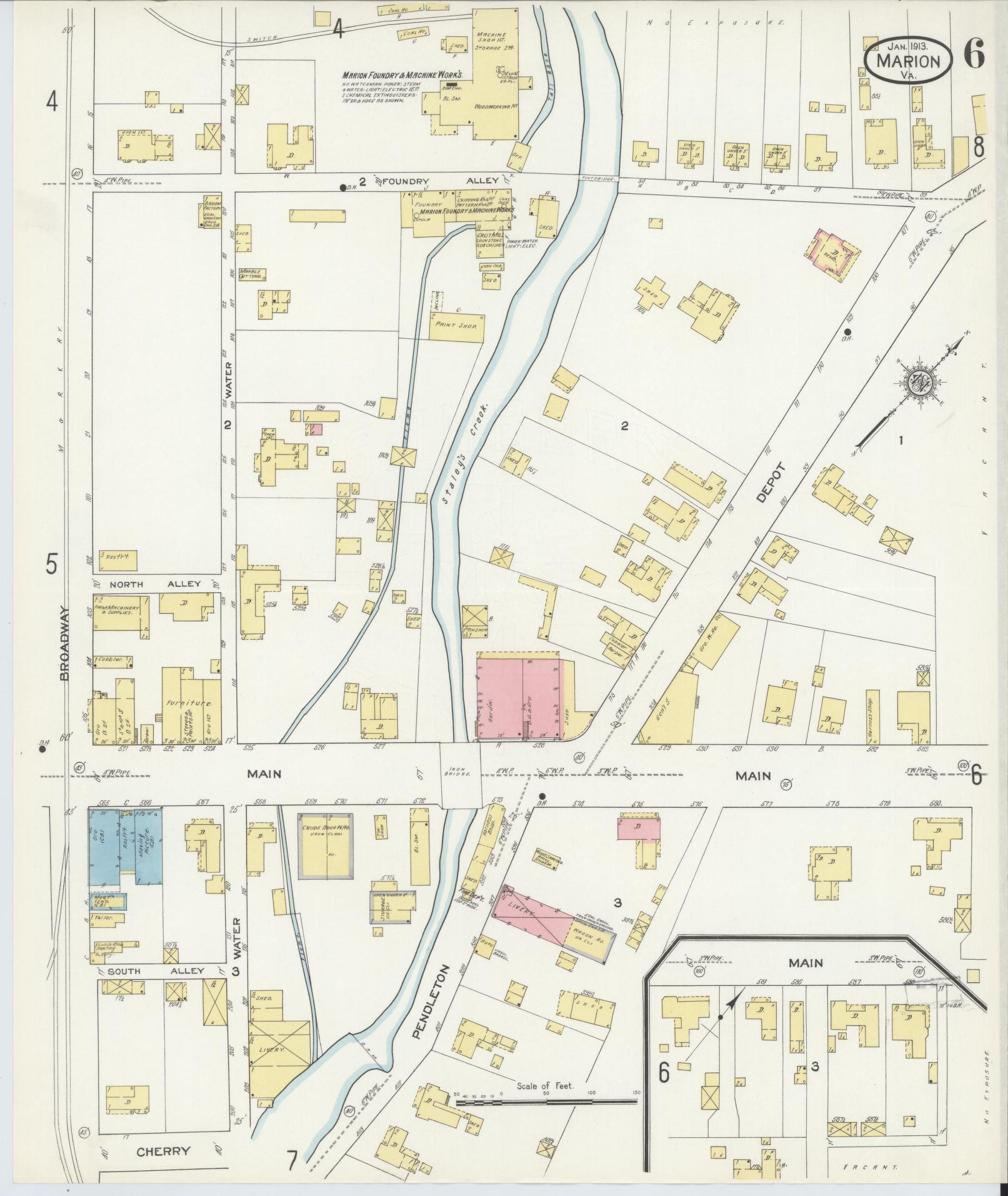 Sanborn Fire Insurance Map from Marion, Smyth County, Virginia (1913), Sheet #0006 - Complete Map Set gallery image, historic Sanborn map, vintage wall art, Virginia Virginia