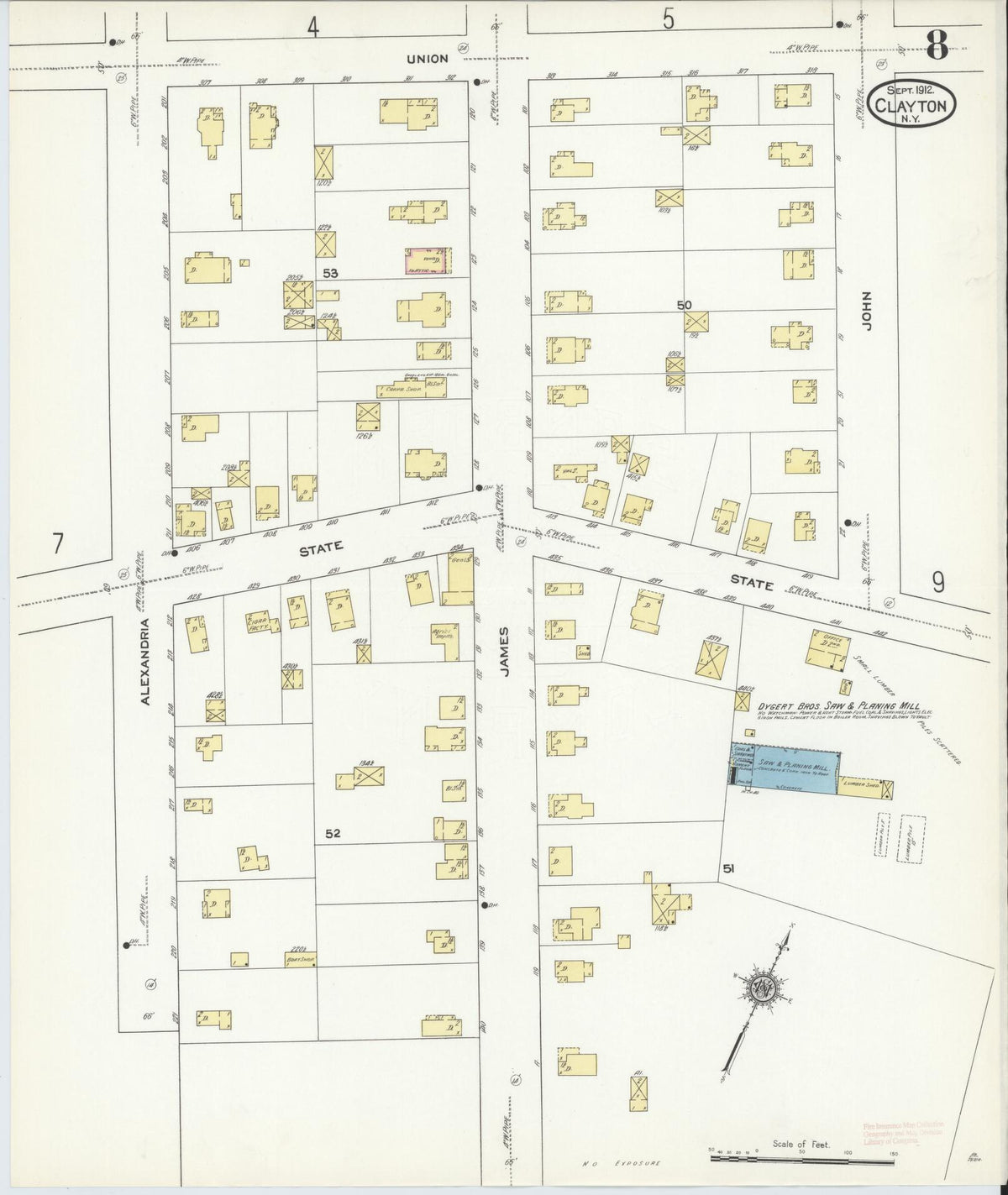 Sanborn Fire Insurance Map from Clayton, Jefferson County, New York (1912), Sheet #0008 - Complete Map Set gallery image, historic Sanborn map, vintage wall art, New York New York