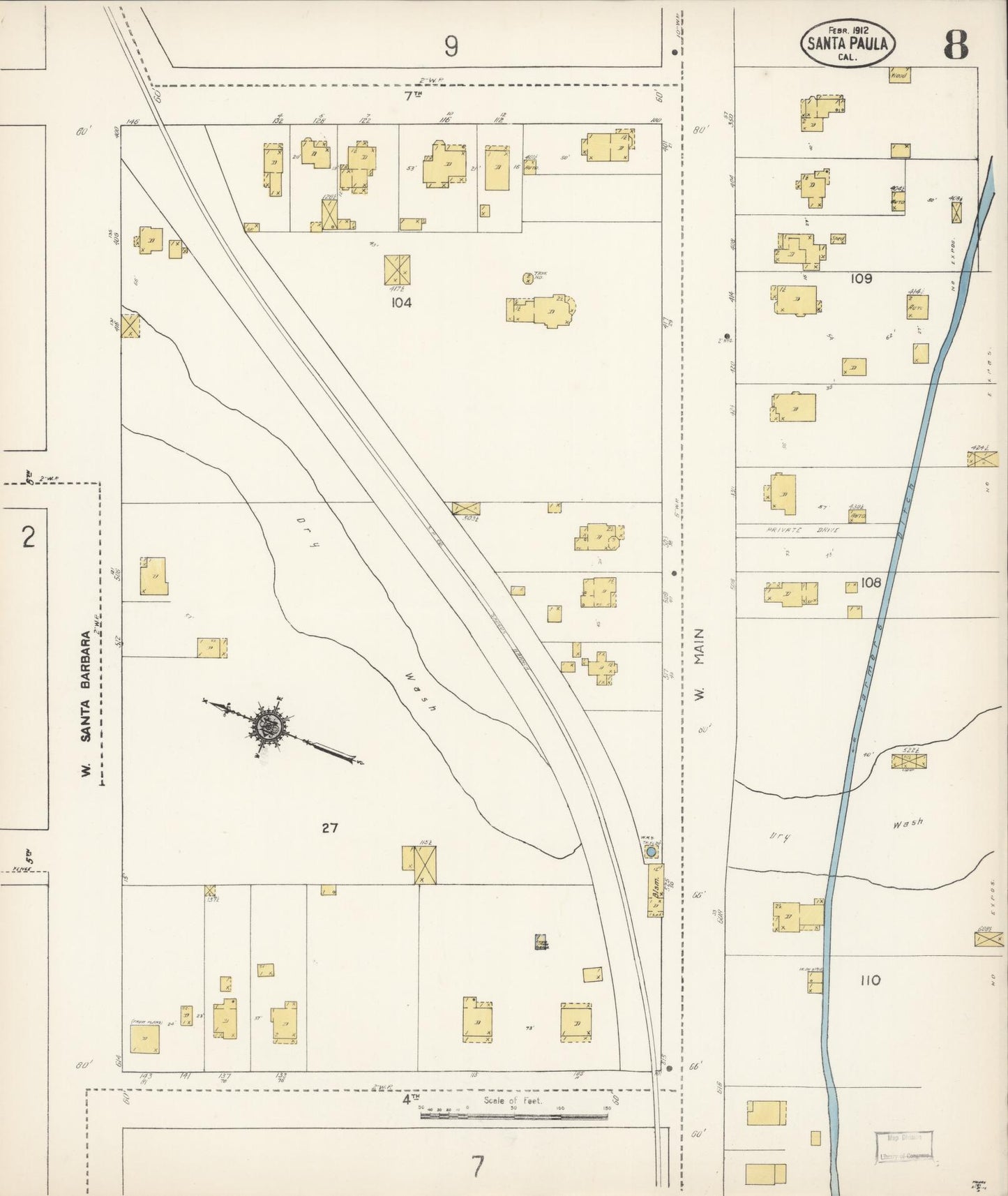 Sanborn Fire Insurance Map from Santa Paula, Ventura County, California (1912), Sheet #0008 - Complete Map Set gallery image, historic Sanborn map, vintage wall art, California California