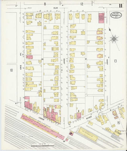 Sanborn Fire Insurance Map from Hornell, Steuben County, New York (1909), Sheet #0011 - Historic Sanborn Fire Insurance Map Print, vintage old map wall art, antique decor, genealogy gift, New York New York map