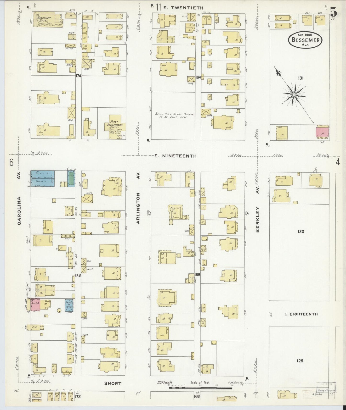 Sanborn Fire Insurance Map from Bessemer, Jefferson County, Alabama (1908), Sheet #0005 - Historic Sanborn Fire Insurance Map Print, vintage old map wall art, antique decor, genealogy gift, Alabama Alabama map
