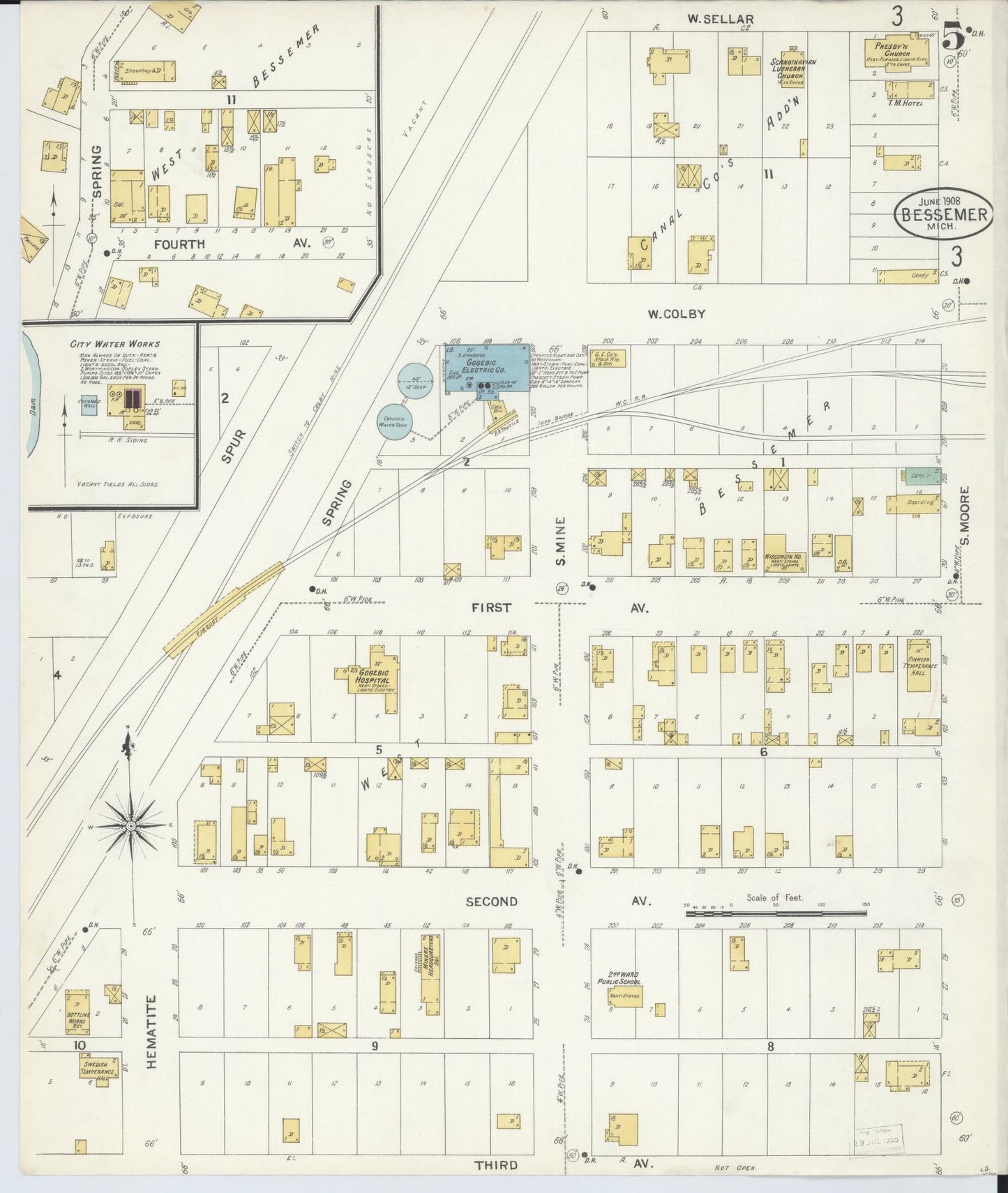 Sanborn Fire Insurance Map from Bessemer, Gogebic County, Michigan (1908), Sheet #0005 - Historic Sanborn Fire Insurance Map Print, vintage old map wall art, antique decor, genealogy gift, Michigan Michigan map