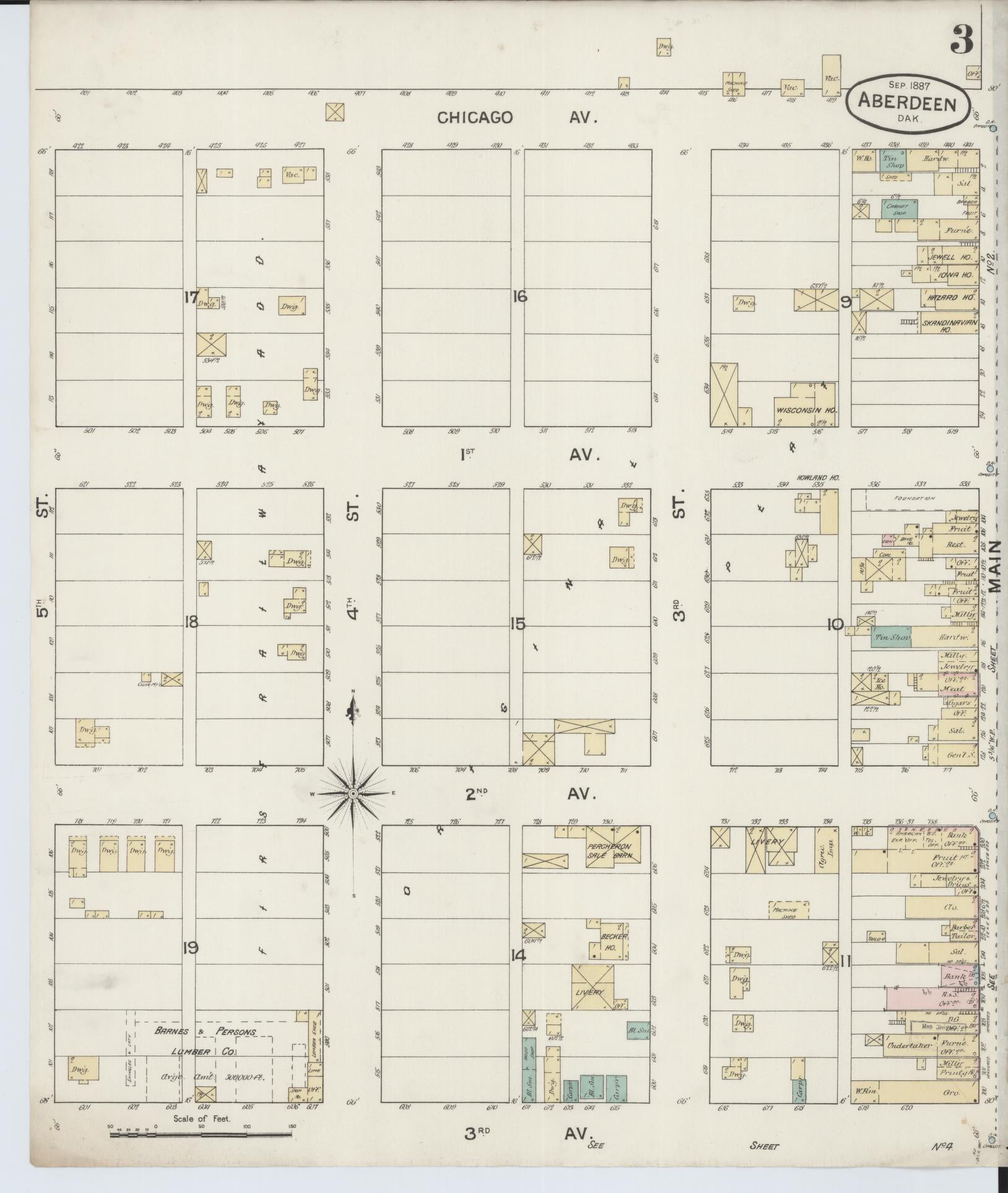 Sanborn Fire Insurance Map from Aberdeen, Brown County, South Dakota (1887), Sheet #0003 - Complete Map Set gallery image, historic Sanborn map, vintage wall art, South Dakota South Dakota
