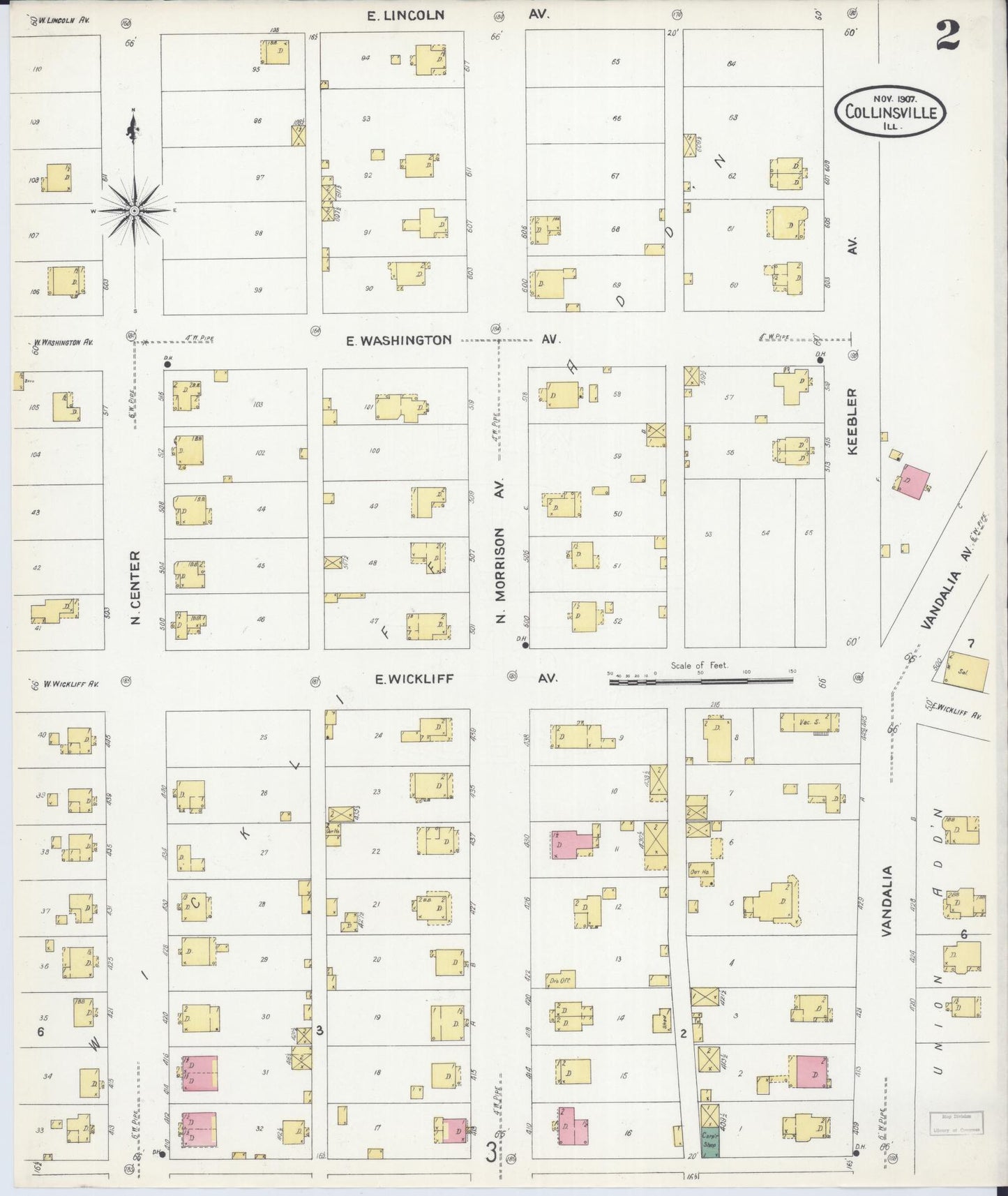 Sanborn Fire Insurance Map from Collinsville, Madison County, Illinois (1907), Sheet #0002 - Complete Map Set gallery image, historic Sanborn map, vintage wall art, Illinois Illinois