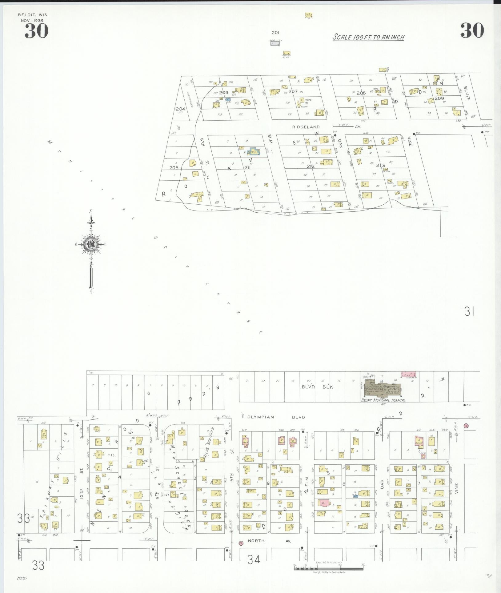 Sanborn Fire Insurance Map from Beloit, Rock County, Wisconsin (1939), Sheet #0030 - Historic Sanborn Fire Insurance Map Print, vintage old map wall art, antique decor, genealogy gift, Wisconsin Wisconsin map