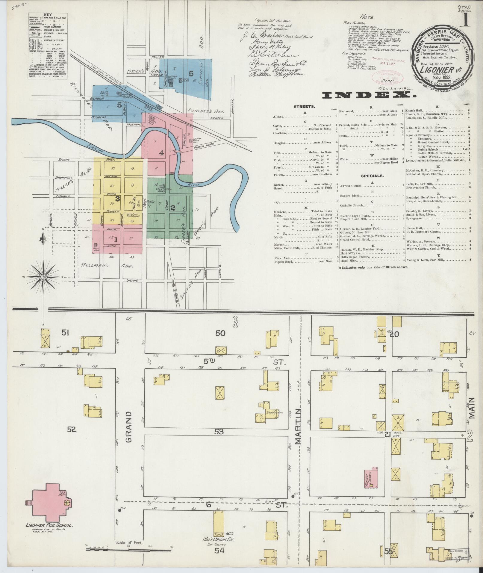 Sanborn Fire Insurance Map from Ligonier, Noble County, Indiana (1892), Sheet #0001 - Complete Map Set gallery image, historic Sanborn map, vintage wall art, Indiana Indiana