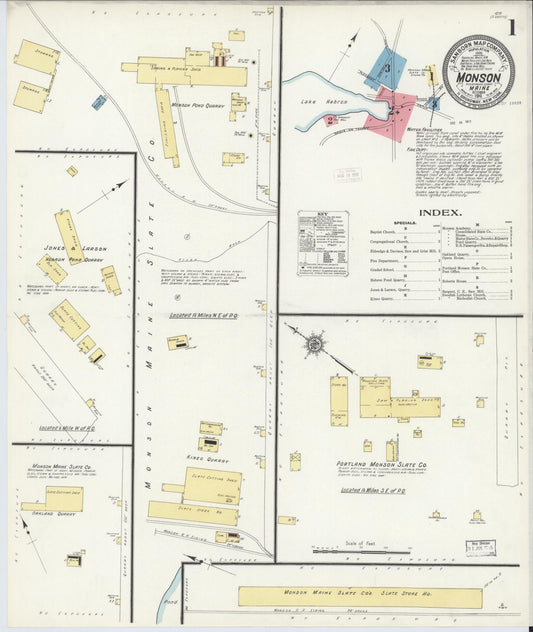 Sanborn Fire Insurance Map from Monson, Piscataquis County, Maine (1911), Sheet #0001 - Historic Sanborn Fire Insurance Map Print, vintage old map wall art, antique decor, genealogy gift, Maine Maine map