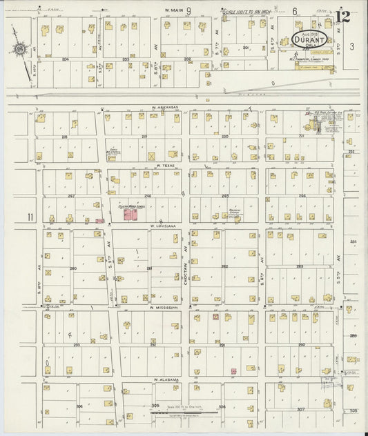 Sanborn Fire Insurance Map from Durant, Bryan County, Oklahoma (1918), Sheet #0012 - Historic Sanborn Fire Insurance Map Print, vintage old map wall art, antique decor, genealogy gift, Oklahoma Oklahoma map