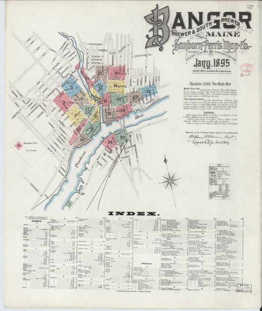 Sanborn Fire Insurance Map from Bangor, Penobscot County, Maine (1895), Sheet #0001 - Historic Sanborn Fire Insurance Map Print, vintage old map wall art, antique decor, genealogy gift, Maine Maine map