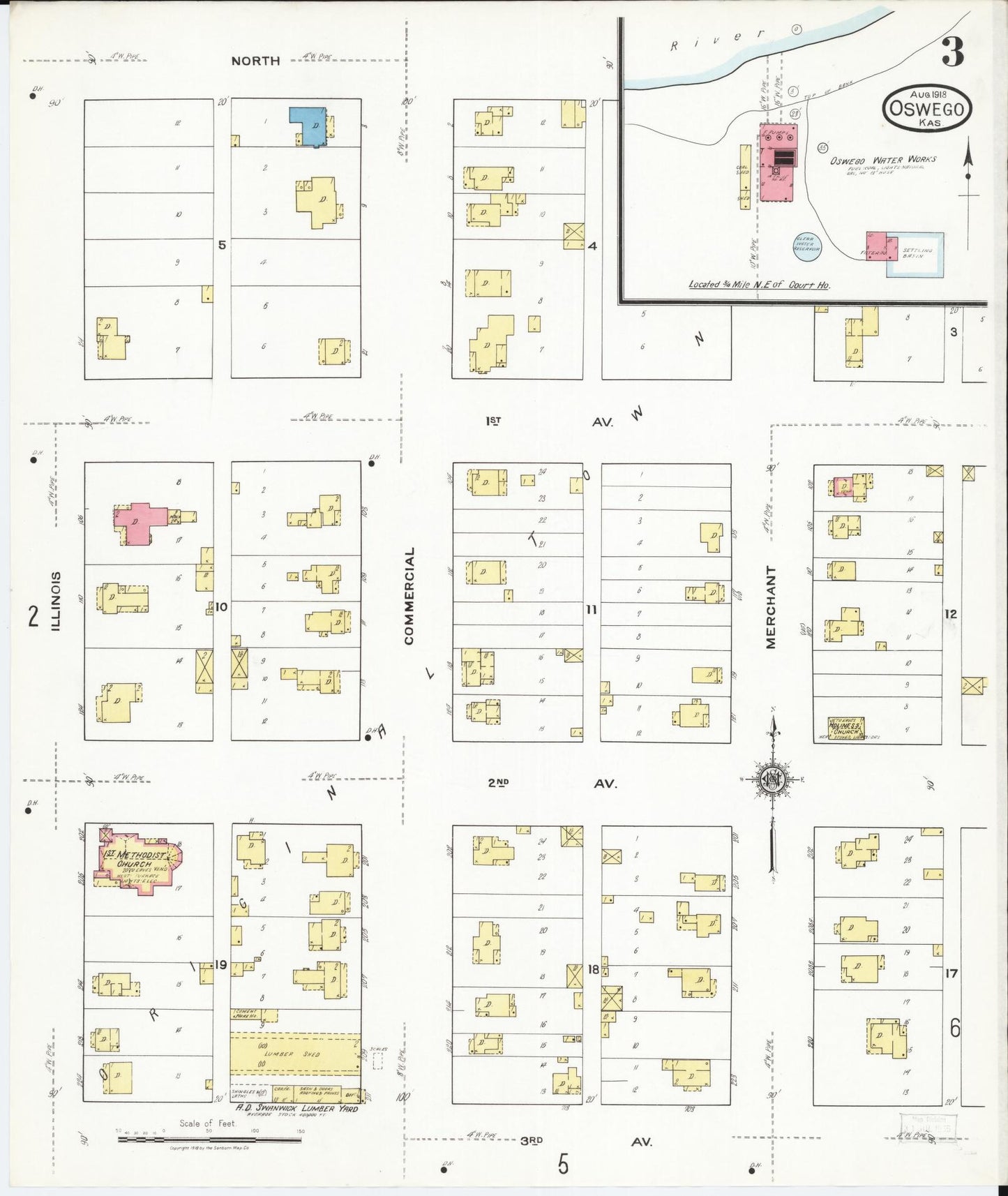 Sanborn Fire Insurance Map from Oswego, Labette County, Kansas (1918), Sheet #0003 - Complete Map Set gallery image, historic Sanborn map, vintage wall art, Kansas Kansas