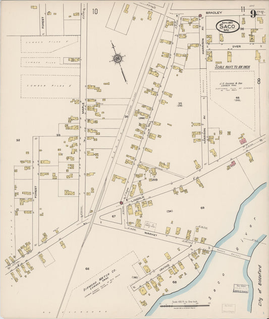 Sanborn Fire Insurance Map from Saco, York County, Maine (1922), Sheet #0009 - Historic Sanborn Fire Insurance Map Print, vintage old map wall art, antique decor, genealogy gift, Maine Maine map