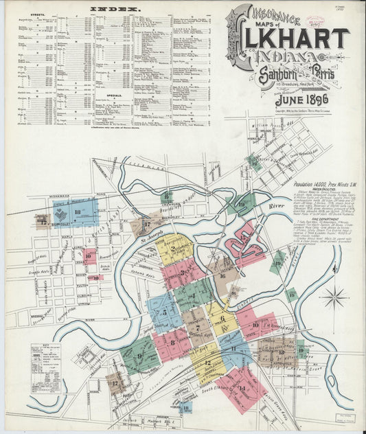 Sanborn Fire Insurance Map from Elkhart, Elkhart County, Indiana (1896), Sheet #0001 - Historic Sanborn Fire Insurance Map Print, vintage old map wall art, antique decor, genealogy gift, Indiana Indiana map