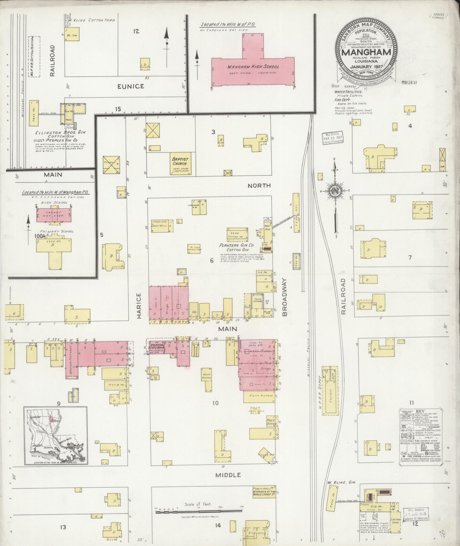 Sanborn Fire Insurance Map from Mangham, Richland Parish, Louisiana (1927), Sheet #0001 - Historic Sanborn Fire Insurance Map Print, vintage old map wall art, antique decor, genealogy gift, Louisiana Louisiana map