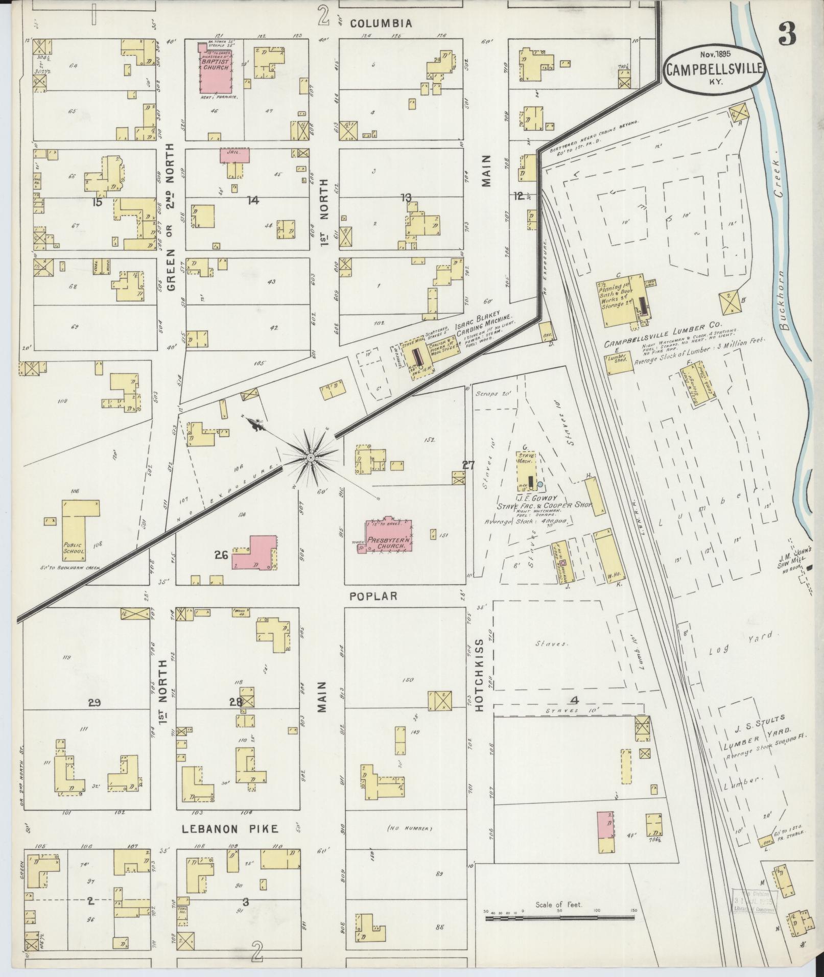 Sanborn Fire Insurance Map from Campbellsville, Taylor County, Kentucky (1895), Sheet #0003 - Complete Map Set gallery image, historic Sanborn map, vintage wall art, Kentucky Kentucky
