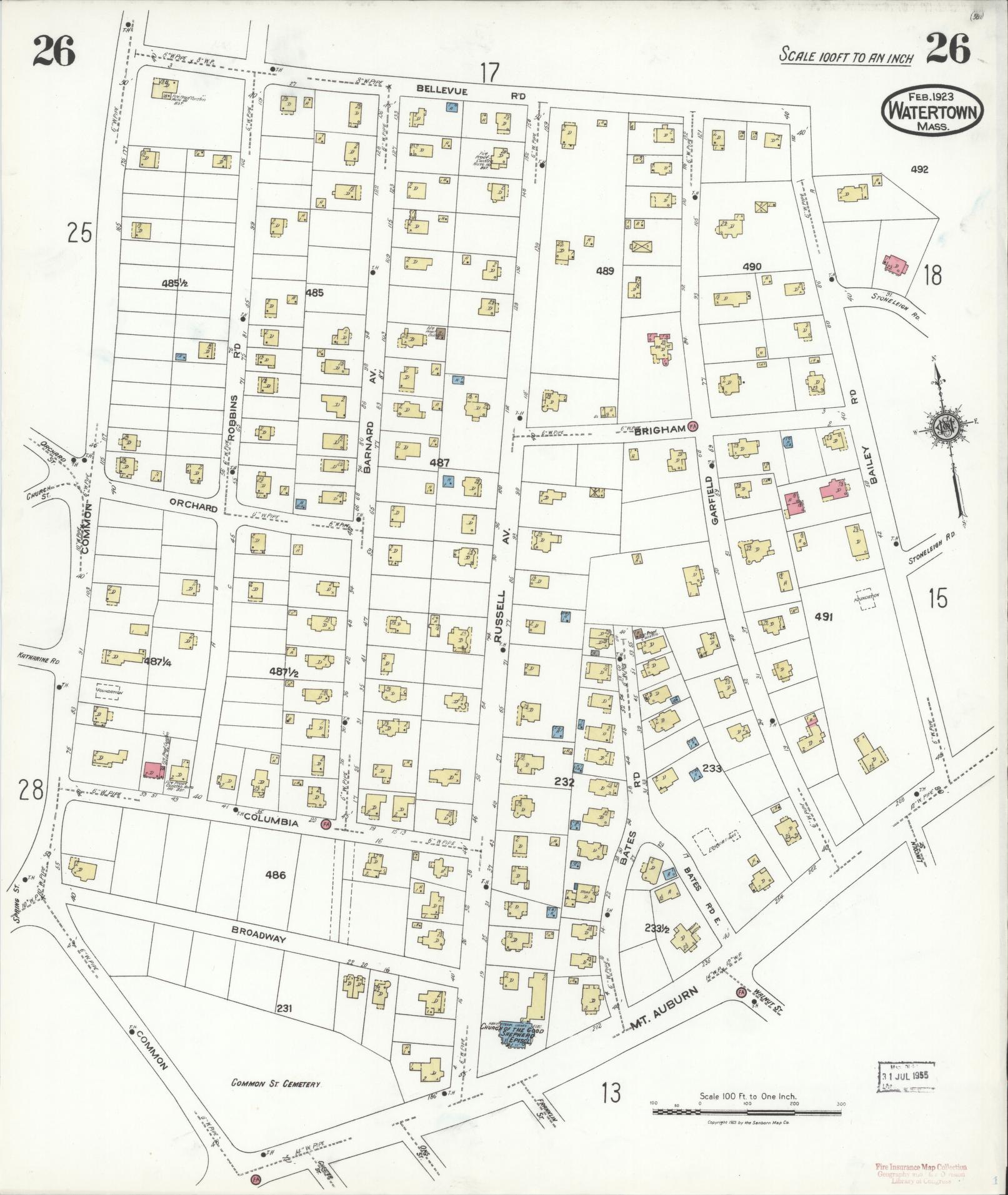 Sanborn Fire Insurance Map from Watertown, Middlesex County, Massachusetts (1923), Sheet #0026 - Historic Sanborn Fire Insurance Map Print, vintage old map wall art, antique decor, genealogy gift, Massachusetts Massachusetts map