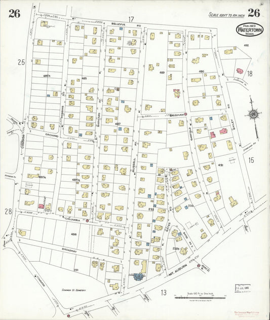 Sanborn Fire Insurance Map from Watertown, Middlesex County, Massachusetts (1923), Sheet #0026 - Historic Sanborn Fire Insurance Map Print, vintage old map wall art, antique decor, genealogy gift, Massachusetts Massachusetts map