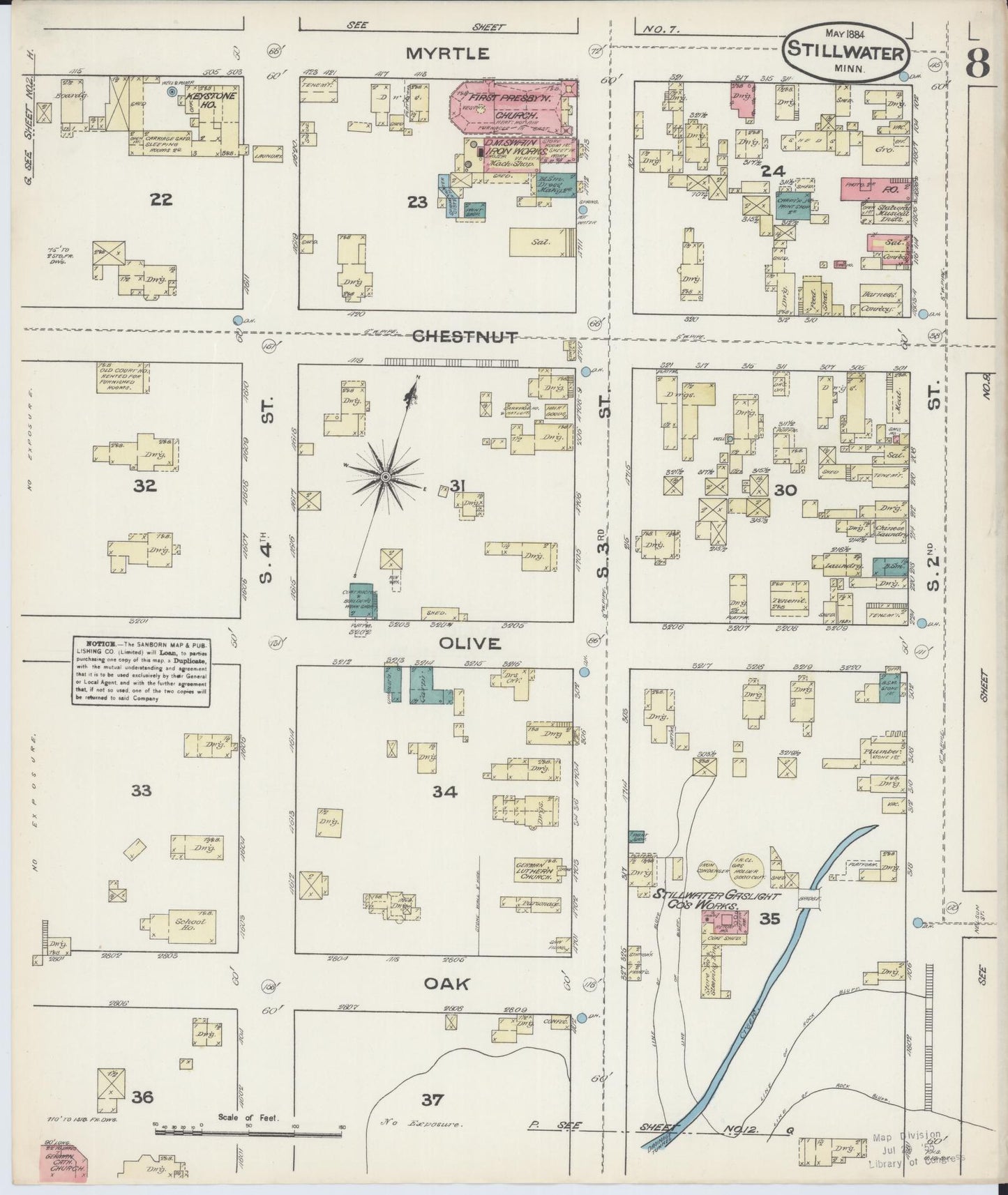 Sanborn Fire Insurance Map from Stillwater, Washington County, Minnesota (1884), Sheet #0008 - Historic Sanborn Fire Insurance Map Print, vintage old map wall art, antique decor, genealogy gift, Minnesota Minnesota map