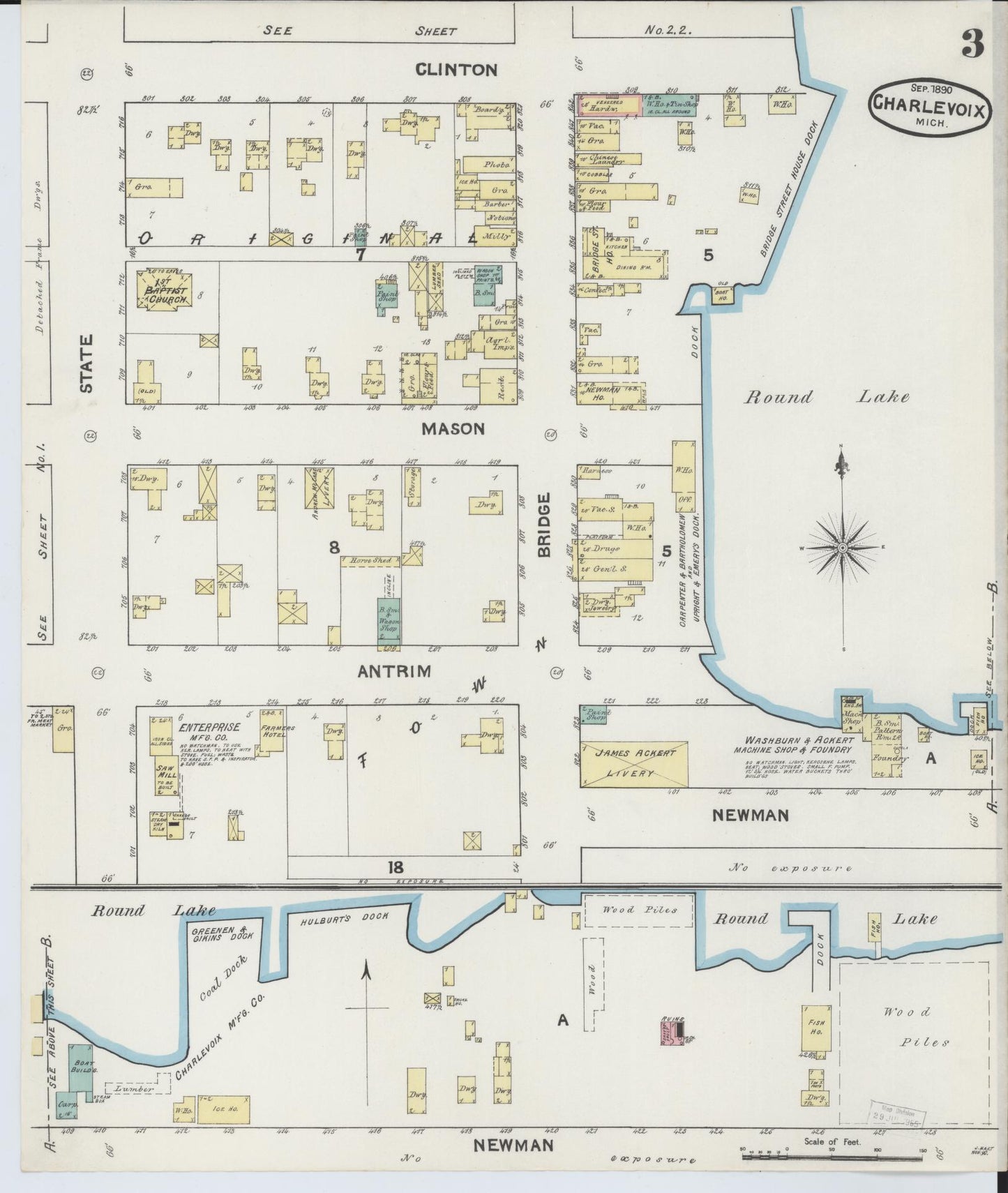 Sanborn Fire Insurance Map from Charlevoix, Charlevoix County, Michigan (1890), Sheet #0003 - Complete Map Set gallery image, historic Sanborn map, vintage wall art, Michigan Michigan