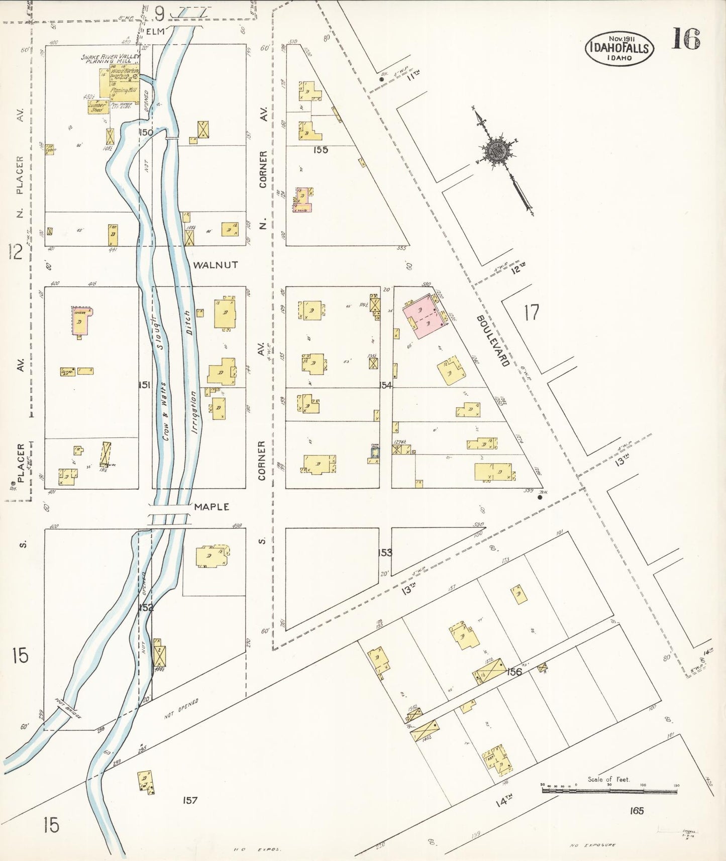 Sanborn Fire Insurance Map from Idaho Falls, Bonneville County, Idaho (1911), Sheet #0016 - Historic Sanborn Fire Insurance Map Print, vintage old map wall art, antique decor, genealogy gift, Idaho Idaho map