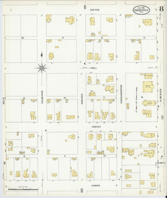Sanborn Fire Insurance Map from Gainesville, Cooke County, Texas (1908), Sheet #0008 - Historic Sanborn Fire Insurance Map Print, vintage old map wall art, antique decor, genealogy gift, Texas Texas map