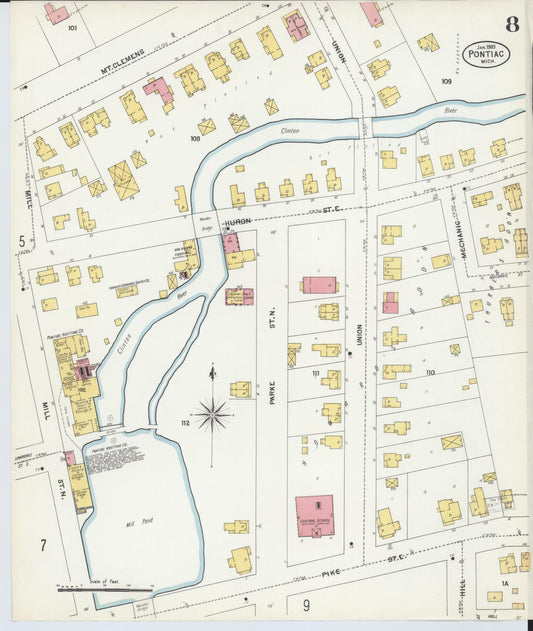 Sanborn Fire Insurance Map from Pontiac, Oakland County, Michigan (1903), Sheet #0008 - Historic Sanborn Fire Insurance Map Print, vintage old map wall art, antique decor, genealogy gift, Michigan Michigan map