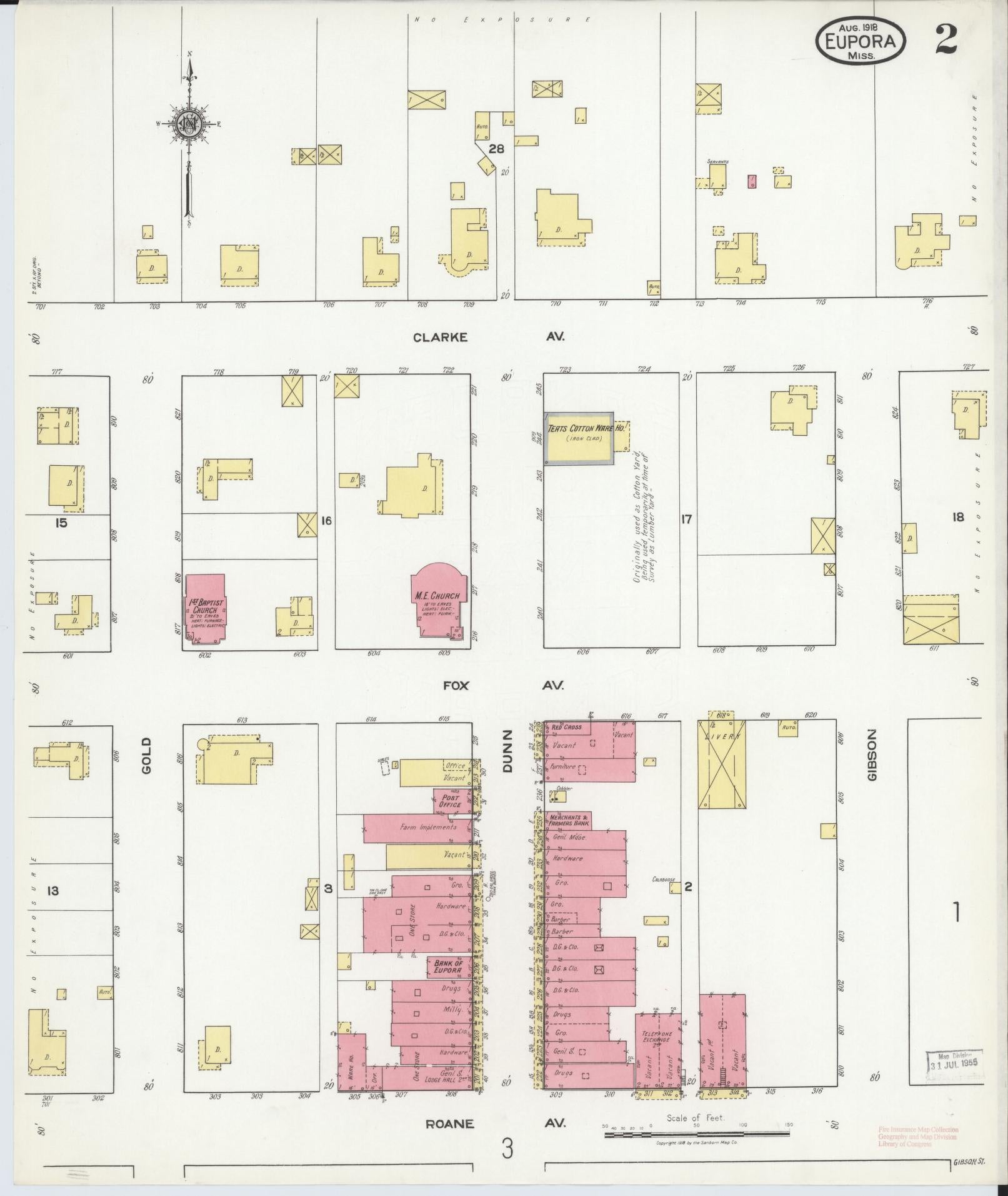 Sanborn Fire Insurance Map from Eupora, Webster County, Mississippi (1918), Sheet #0002 - Complete Map Set gallery image, historic Sanborn map, vintage wall art, Mississippi Mississippi