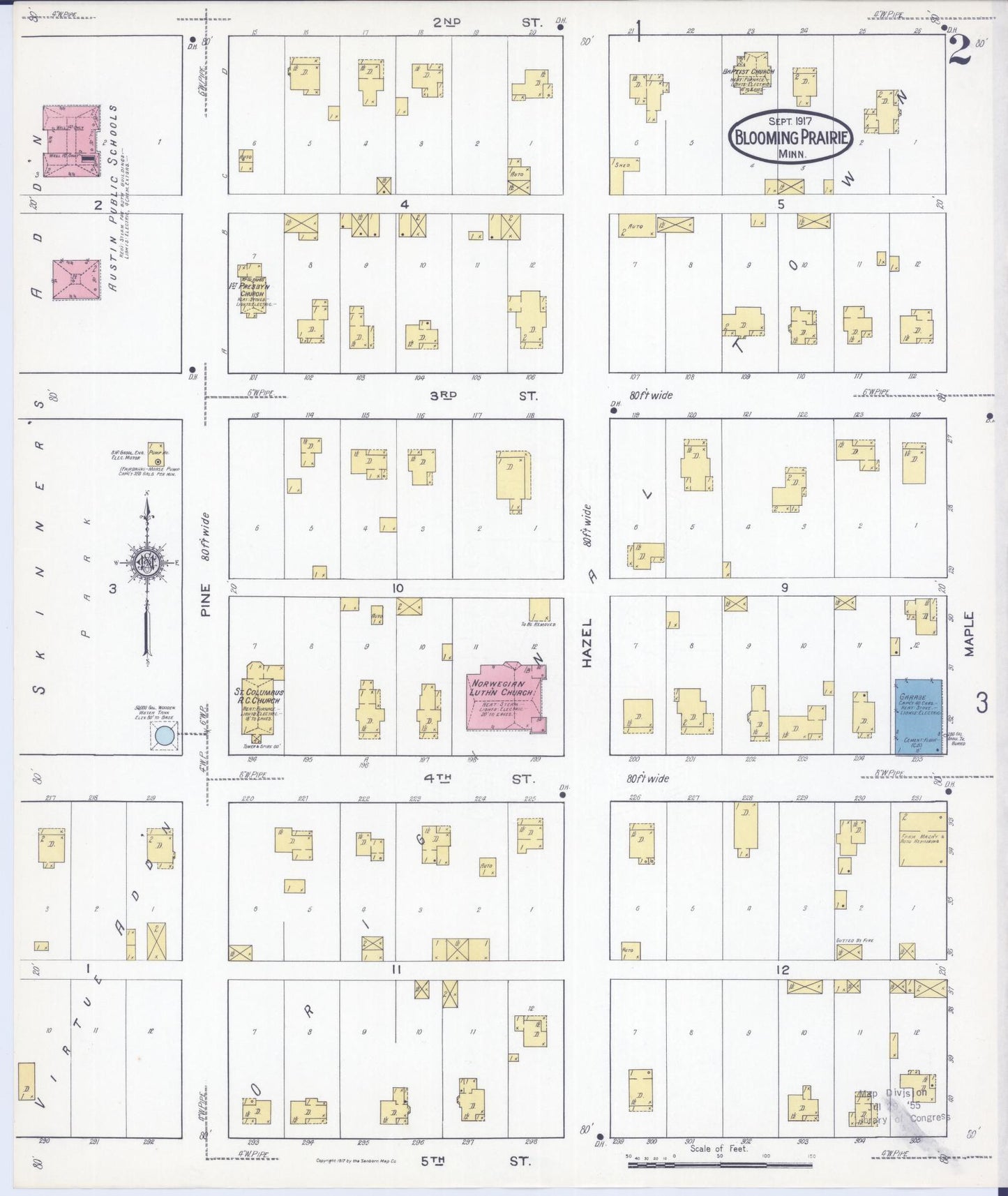 Sanborn Fire Insurance Map from Blooming Prairie, Steele County, Minnesota (1917), Sheet #0002 - Historic Sanborn Fire Insurance Map Print, vintage old map wall art, antique decor, genealogy gift, Minnesota Minnesota map