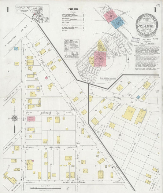 Sanborn Fire Insurance Map from Capitol Heights, Prince Georges County, Maryland (1927), Sheet #0001 - Historic Sanborn Fire Insurance Map Print, vintage old map wall art, antique decor, genealogy gift, Maryland Maryland map
