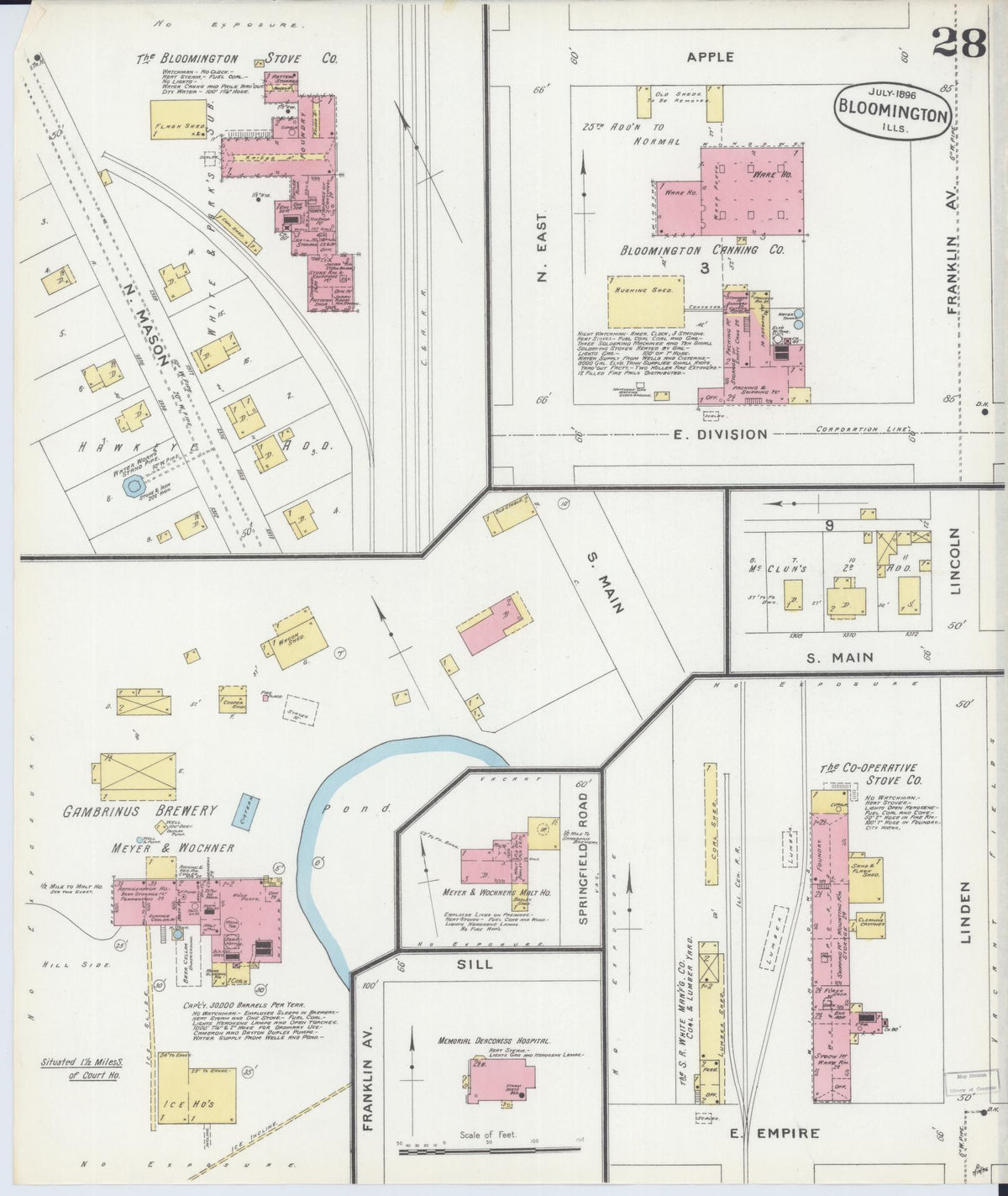 Sanborn Fire Insurance Map from Bloomington, McLean County, Illinois (1896), Sheet #0028 - Historic Sanborn Fire Insurance Map Print, vintage old map wall art, antique decor, genealogy gift, Illinois Illinois map