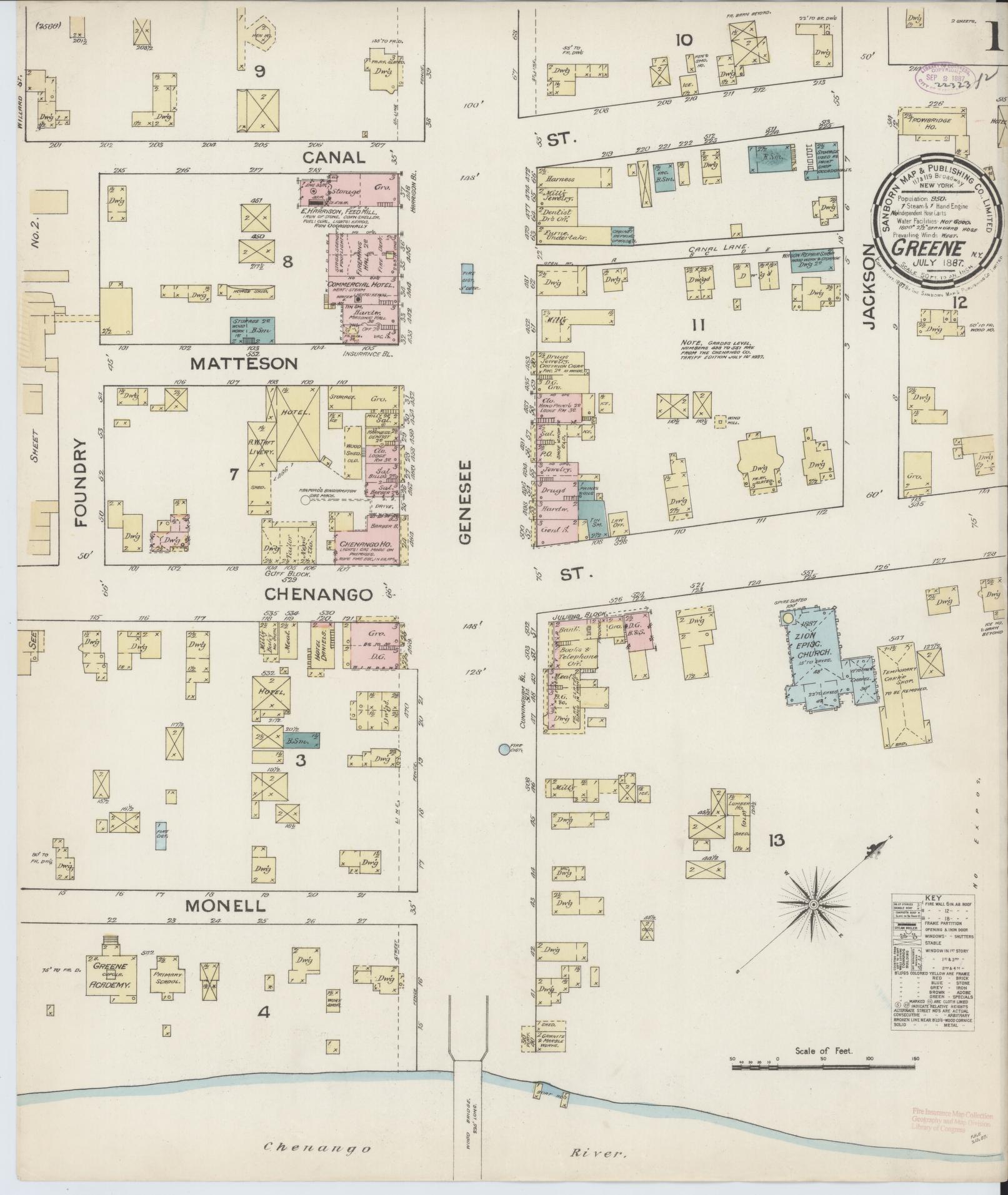 Sanborn Fire Insurance Map from Greene, Chenango County, New York (1887), Sheet #0001 - Historic Sanborn Fire Insurance Map Print, vintage old map wall art, antique decor, genealogy gift, New York New York map