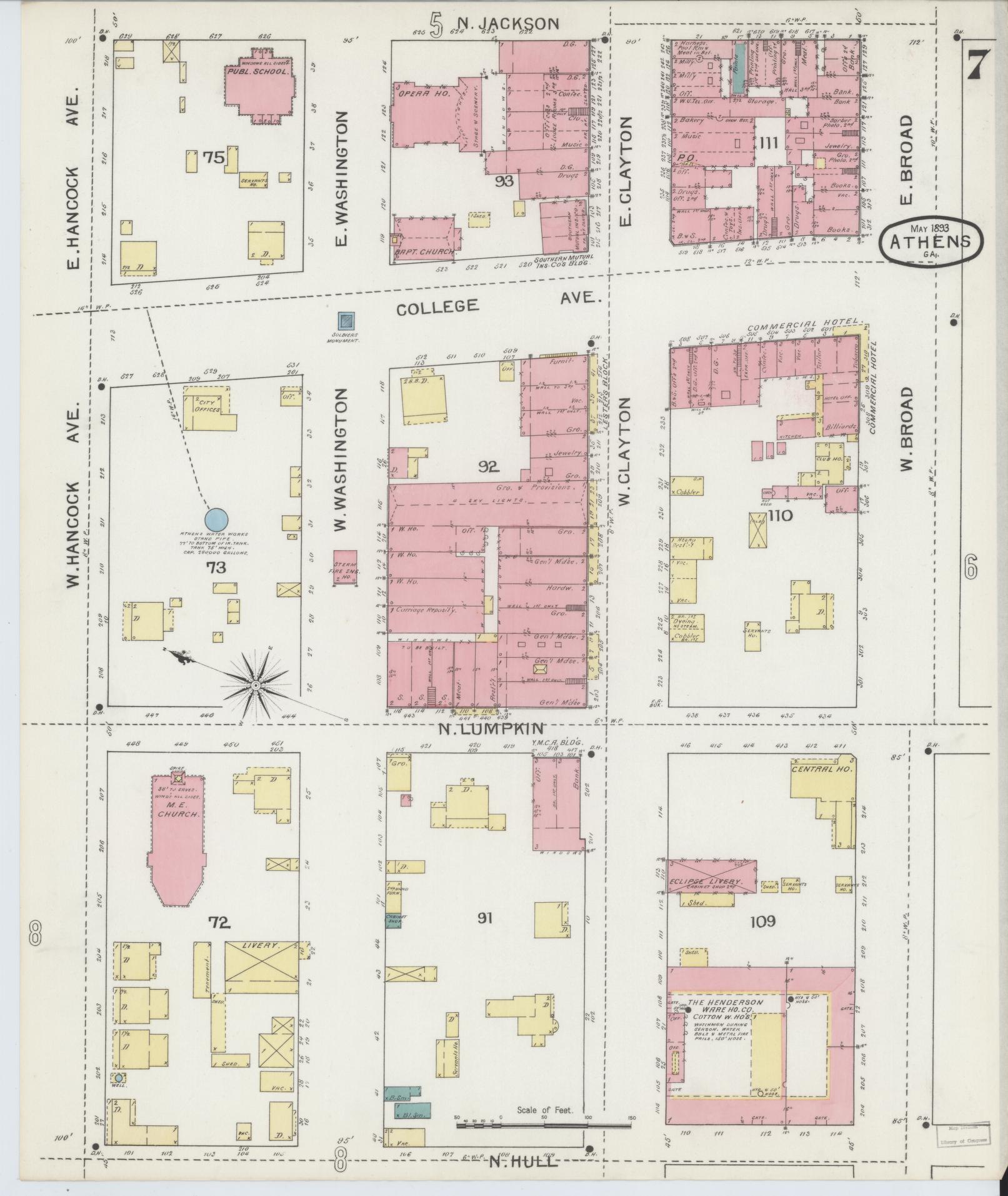 Sanborn Fire Insurance Map from Athens, Clarke County, Georgia (1893), Sheet #0007 - Historic Sanborn Fire Insurance Map Print, vintage old map wall art, antique decor, genealogy gift, Georgia Georgia map