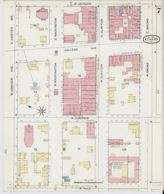 Sanborn Fire Insurance Map from Athens, Clarke County, Georgia (1893), Sheet #0007 - Historic Sanborn Fire Insurance Map Print, vintage old map wall art, antique decor, genealogy gift, Georgia Georgia map
