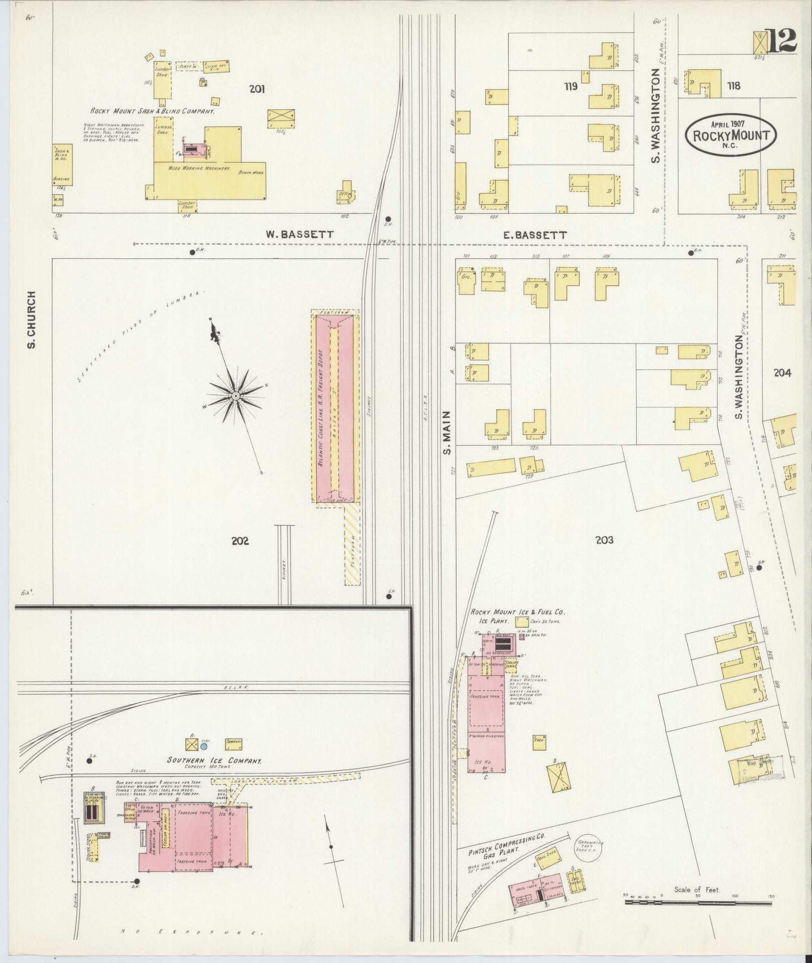 Sanborn Fire Insurance Map from Rocky Mount, Edgecombe And Nash Counties, North Carolina (1907), Sheet #0012 - Complete Map Set gallery image, historic Sanborn map, vintage wall art, North Carolina North Carolina