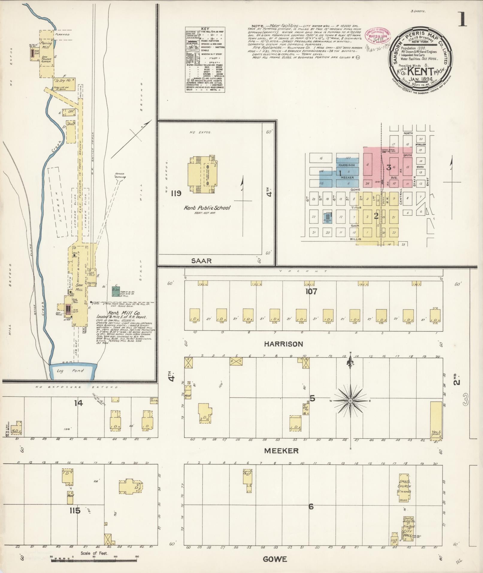 Sanborn Fire Insurance Map from Kent, King County, Washington (1894), Sheet #0001 - Historic Sanborn Fire Insurance Map Print, vintage old map wall art, antique decor, genealogy gift, Washington Washington map