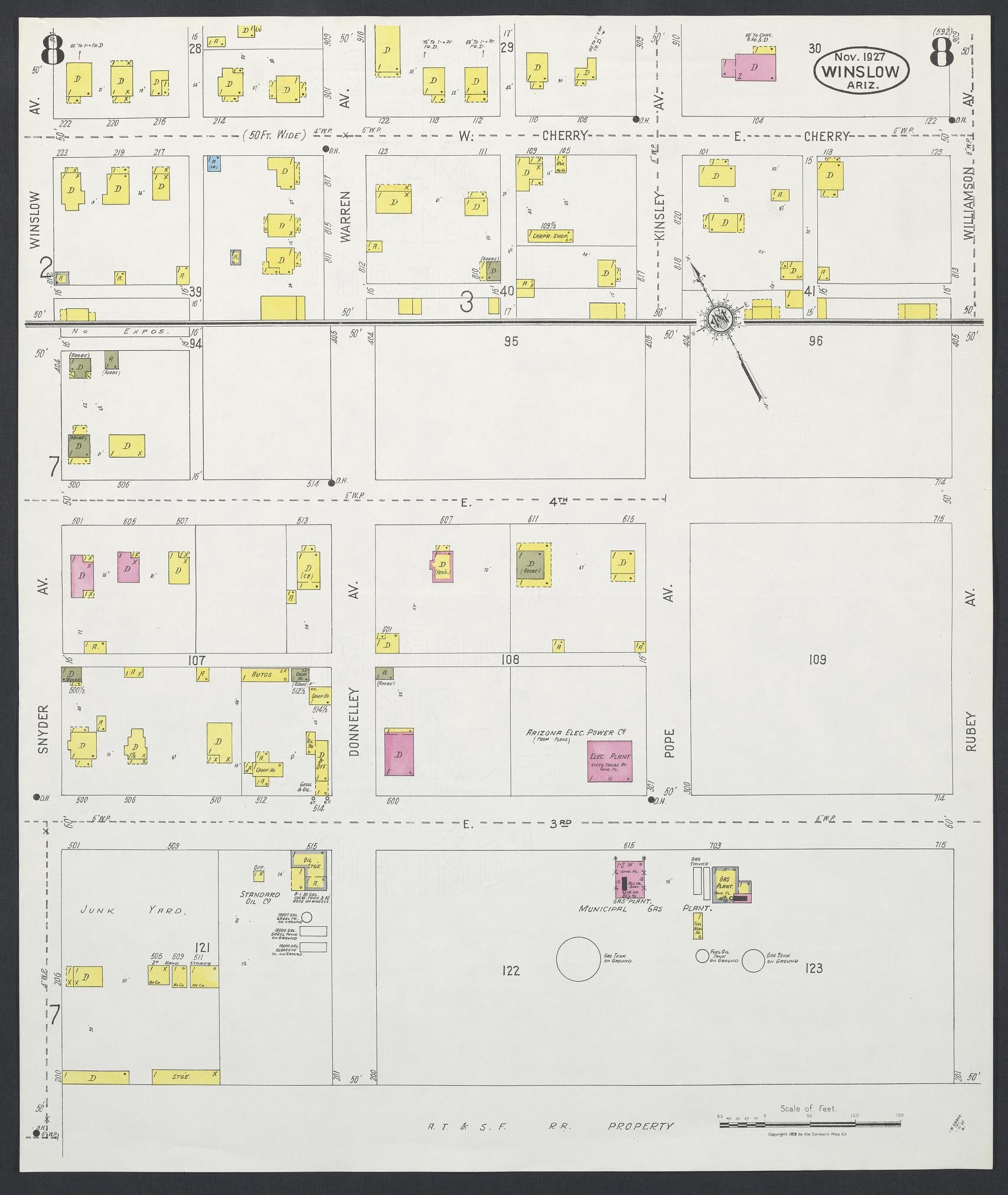 Sanborn Fire Insurance Map from Winslow, Navajo County, Arizona (1927), Sheet #0008 - Historic Sanborn Fire Insurance Map Print, vintage old map wall art, antique decor, genealogy gift, Arizona Arizona map