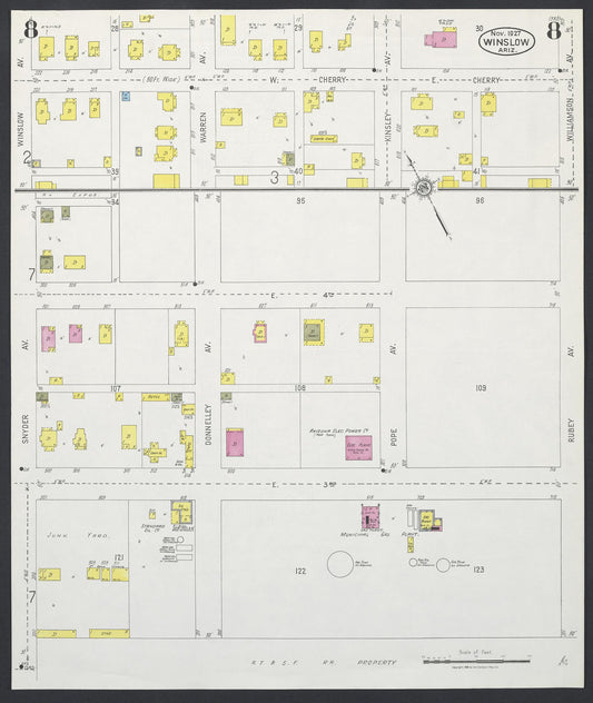 Sanborn Fire Insurance Map from Winslow, Navajo County, Arizona (1927), Sheet #0008 - Historic Sanborn Fire Insurance Map Print, vintage old map wall art, antique decor, genealogy gift, Arizona Arizona map