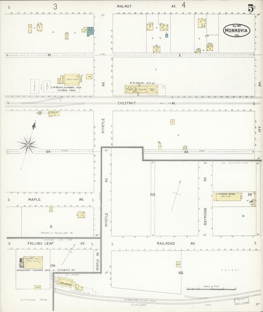 Sanborn Fire Insurance Map from Monrovia, Los Angeles County, California (1897), Sheet #0005 - Historic Sanborn Fire Insurance Map Print, vintage old map wall art, antique decor, genealogy gift, California California map