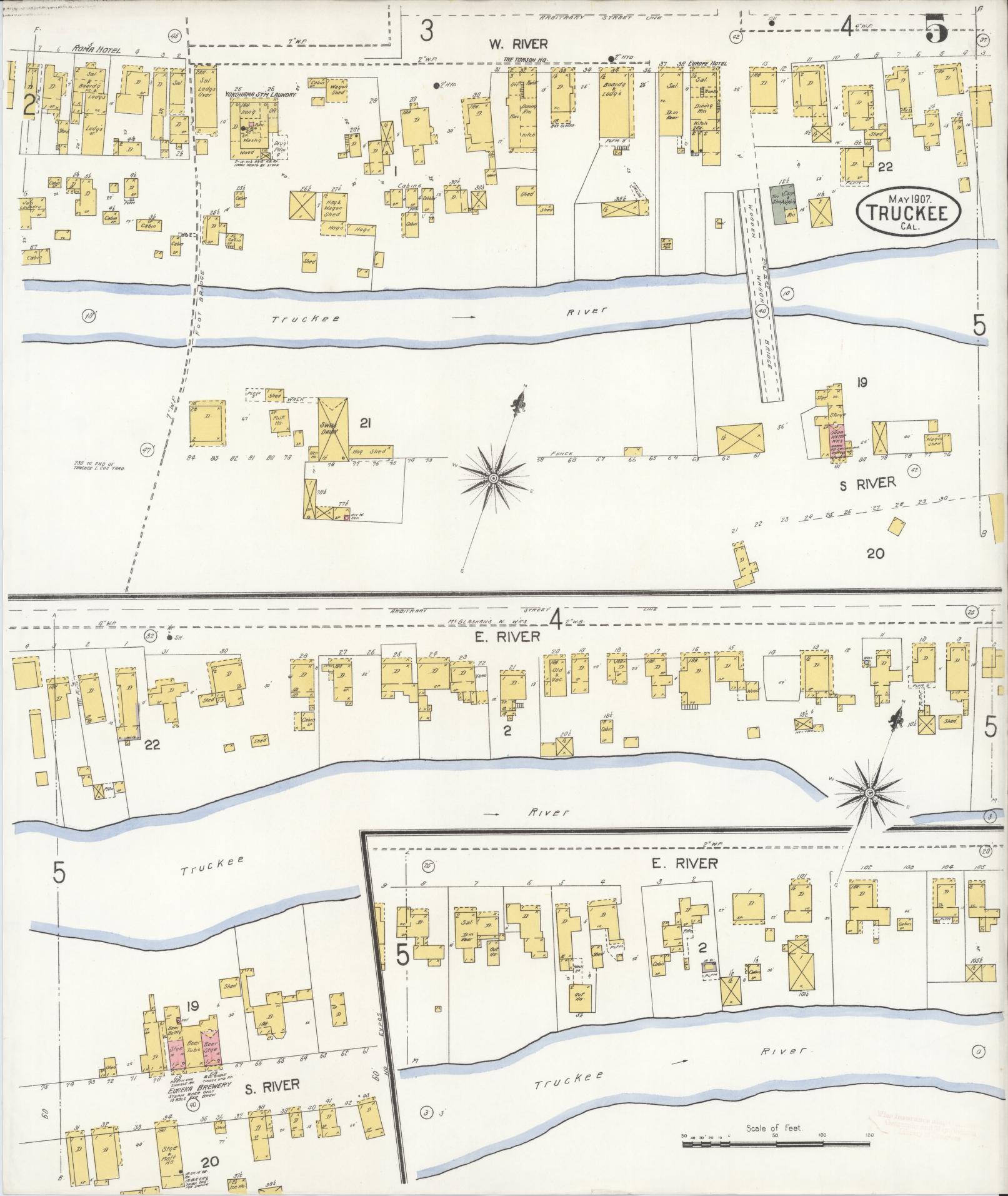 Sanborn Fire Insurance Map from Truckee, Nevada County, California (1907), Sheet #0005 - Complete Map Set gallery image, historic Sanborn map, vintage wall art, California California
