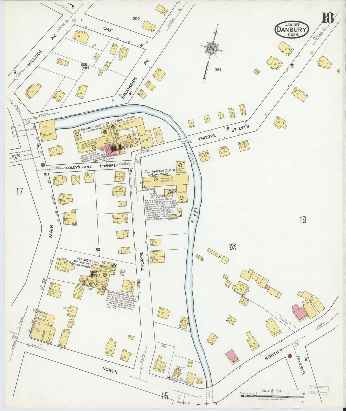 Sanborn Fire Insurance Map from Danbury, Fairfield County, Connecticut (1919), Sheet #0018 - Historic Sanborn Fire Insurance Map Print, vintage old map wall art, antique decor, genealogy gift, Connecticut Connecticut map