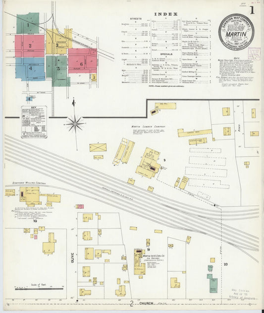 Sanborn Fire Insurance Map from Martin, Weakley County, Tennessee (1907), Sheet #0001 - Historic Sanborn Fire Insurance Map Print, vintage old map wall art, antique decor, genealogy gift, Tennessee Tennessee map