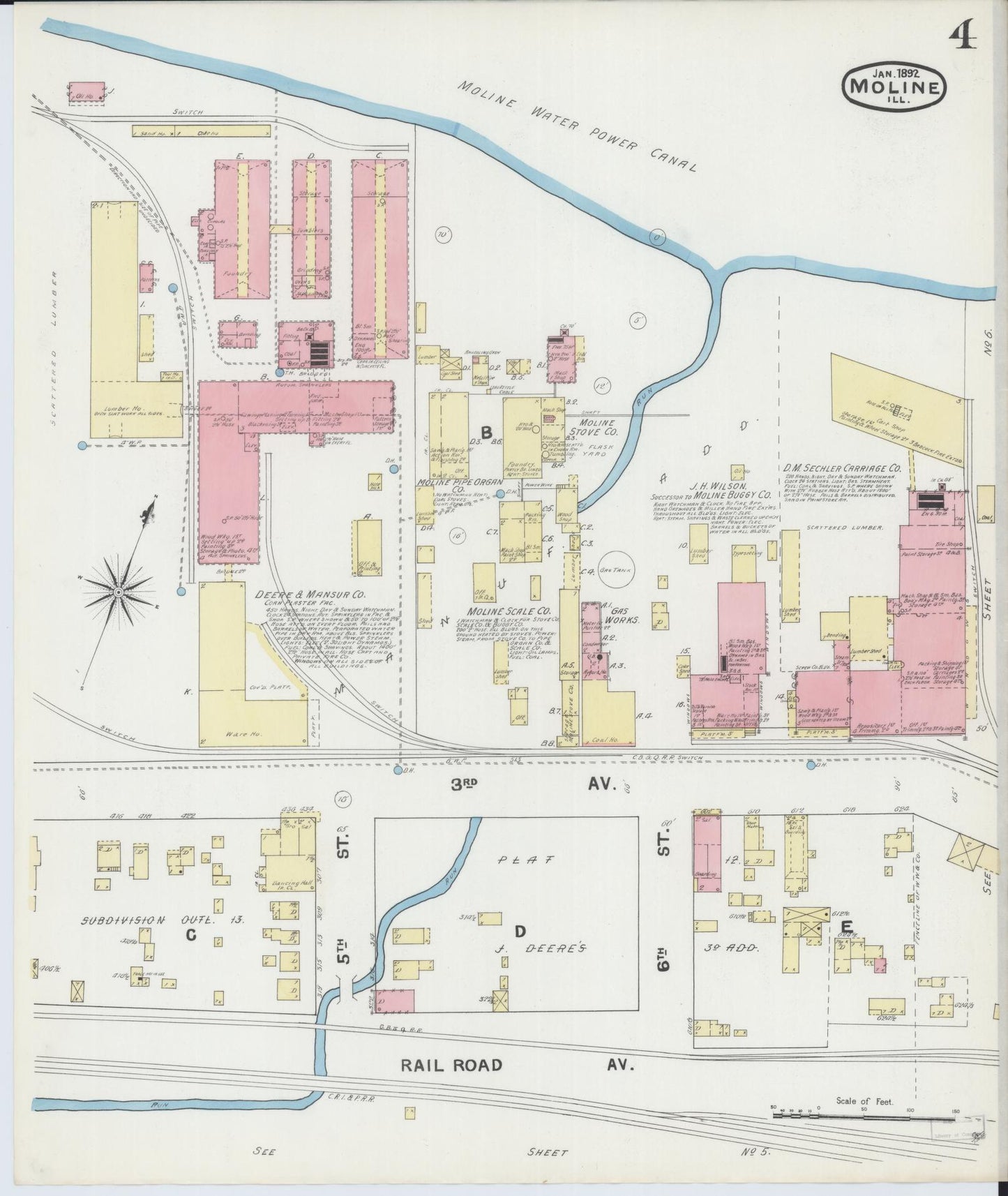 Sanborn Fire Insurance Map from Moline, Rock Island County, Illinois (1892), Sheet #0004 - Historic Sanborn Fire Insurance Map Print, vintage old map wall art, antique decor, genealogy gift, Illinois Illinois map