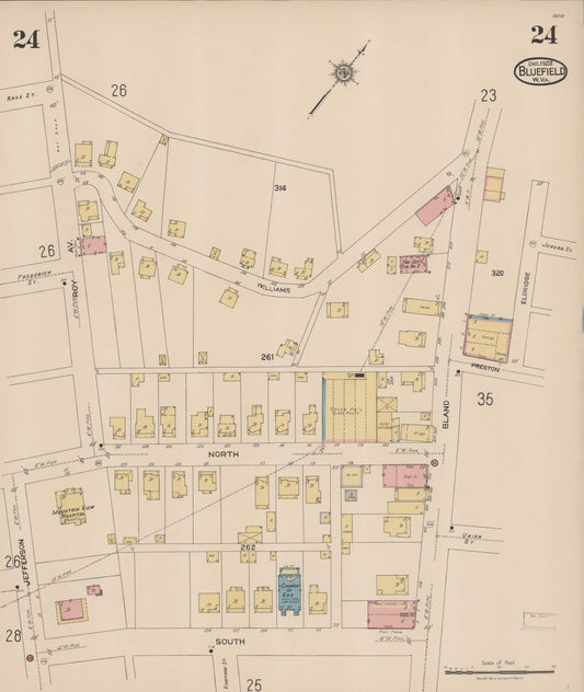 Sanborn Fire Insurance Map from Bluefield, Mercer County, West Virginia (1922), Sheet #0024 - Historic Sanborn Fire Insurance Map Print, vintage old map wall art, antique decor, genealogy gift, West Virginia West Virginia map