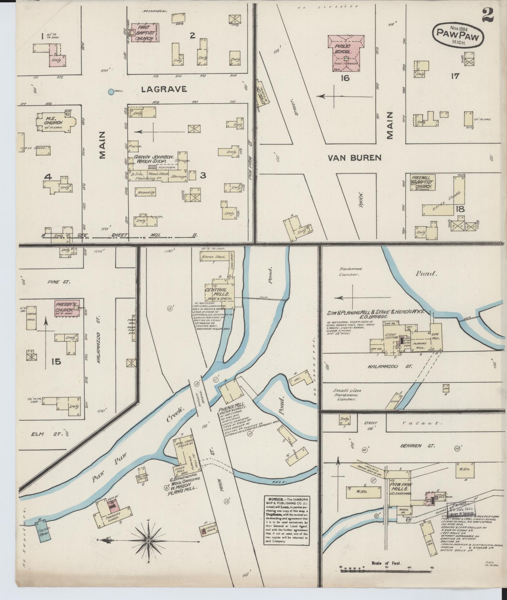 Sanborn Fire Insurance Map from Paw Paw, Van Buren County, Michigan (1884), Sheet #0002 - Complete Map Set gallery image, historic Sanborn map, vintage wall art, Michigan Michigan