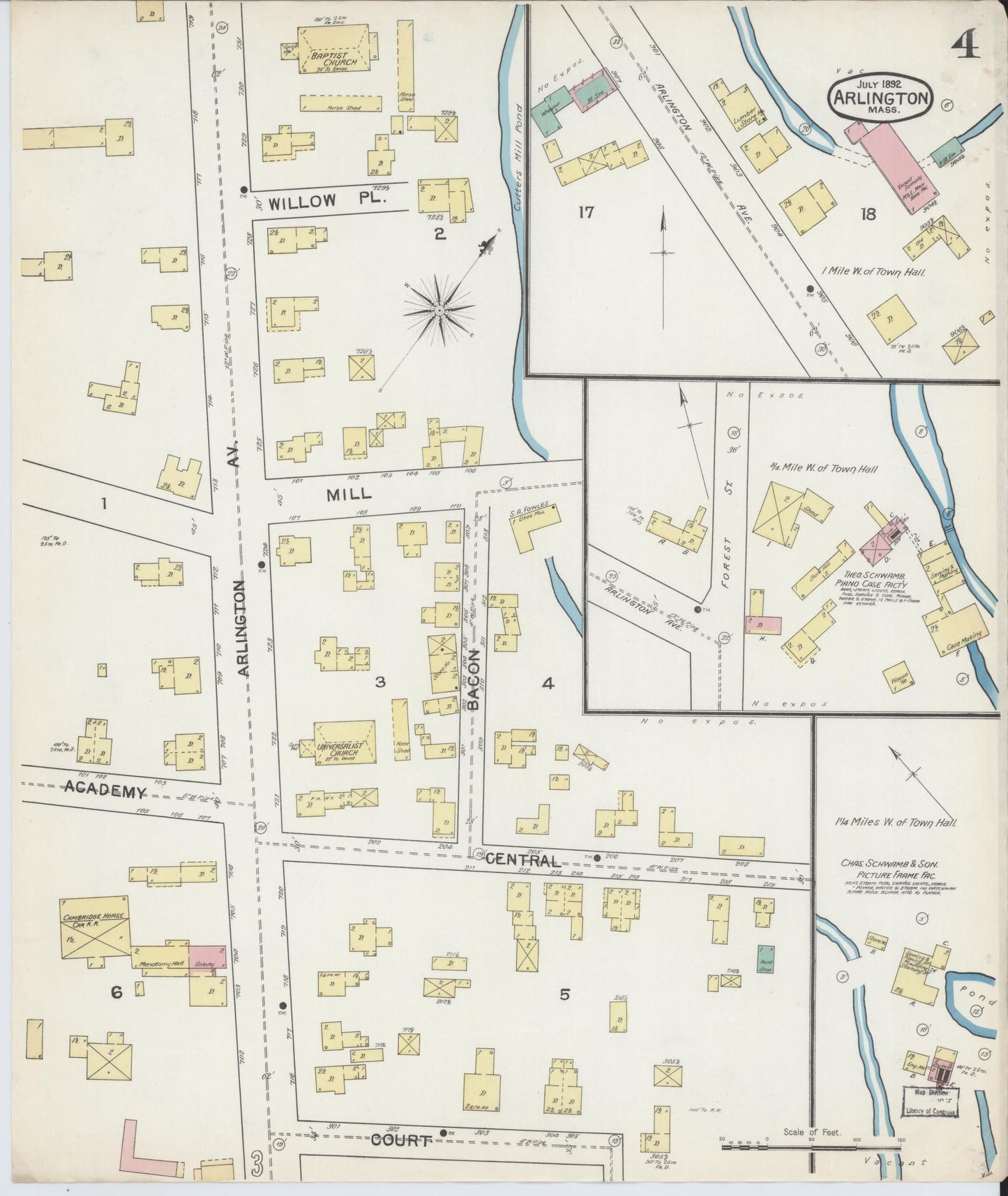 Sanborn Fire Insurance Map from Arlington, Middlesex County, Massachusetts (1892), Sheet #0004 - Historic Sanborn Fire Insurance Map Print, vintage old map wall art, antique decor, genealogy gift, Massachusetts Massachusetts map